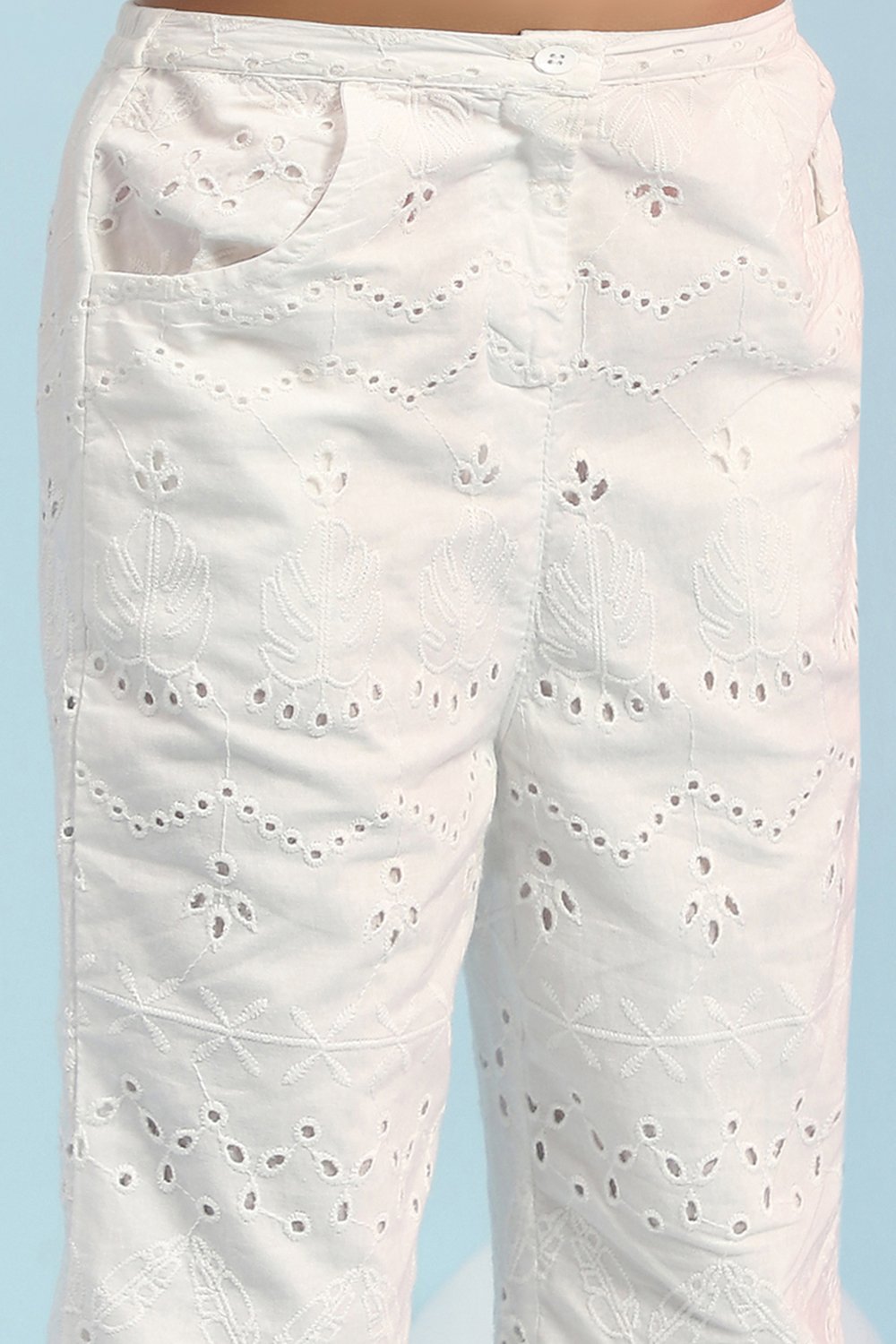 White Cotton Schiffli Crop Top & Pants Set image number 2