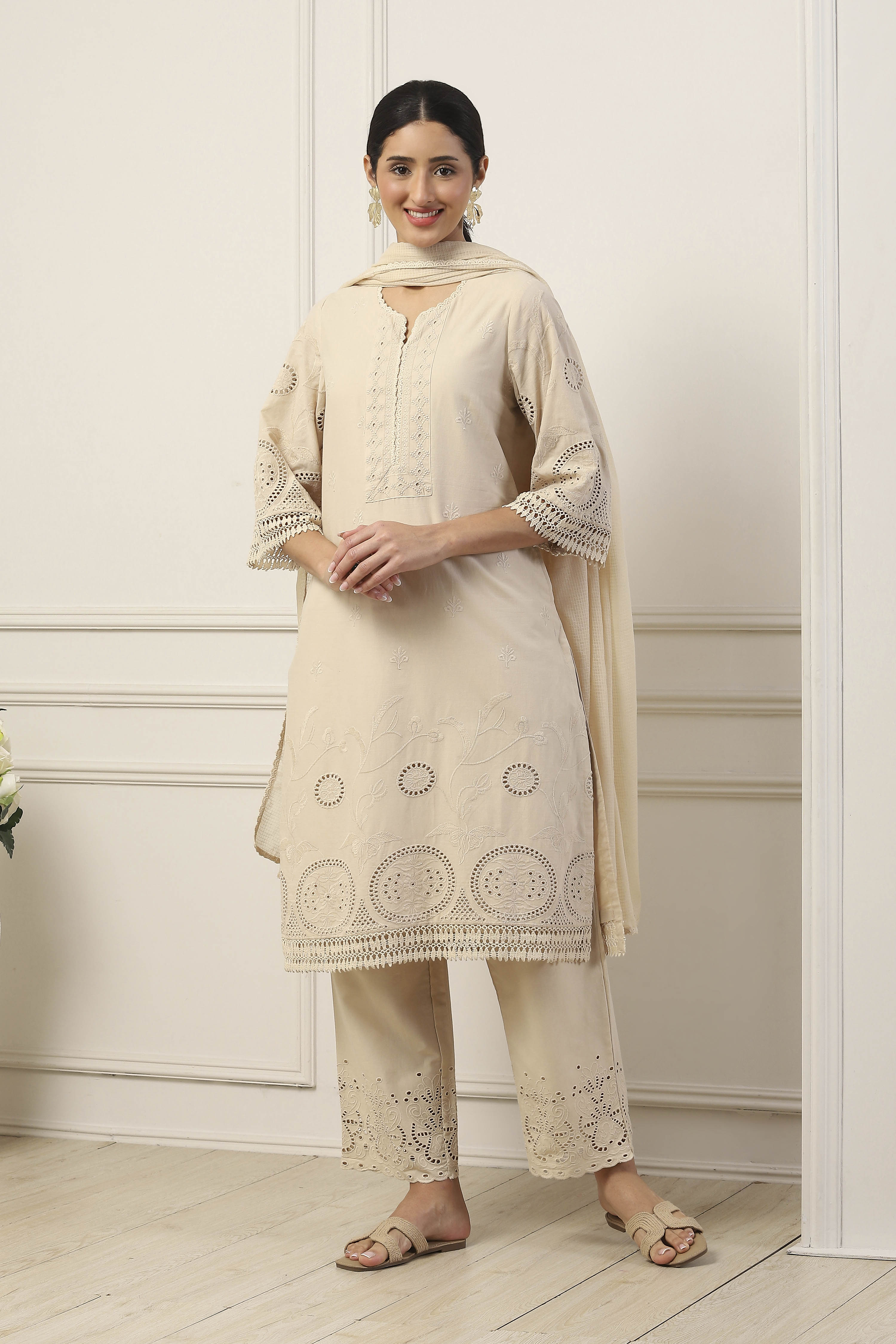 Beige Cotton All-Over Floral Straight Suit Set image number 6
