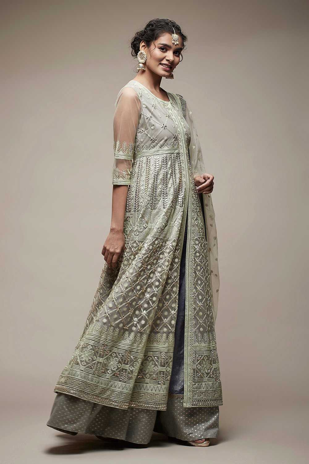 Mint Nylon Anarkali Lehenga Set image number 4