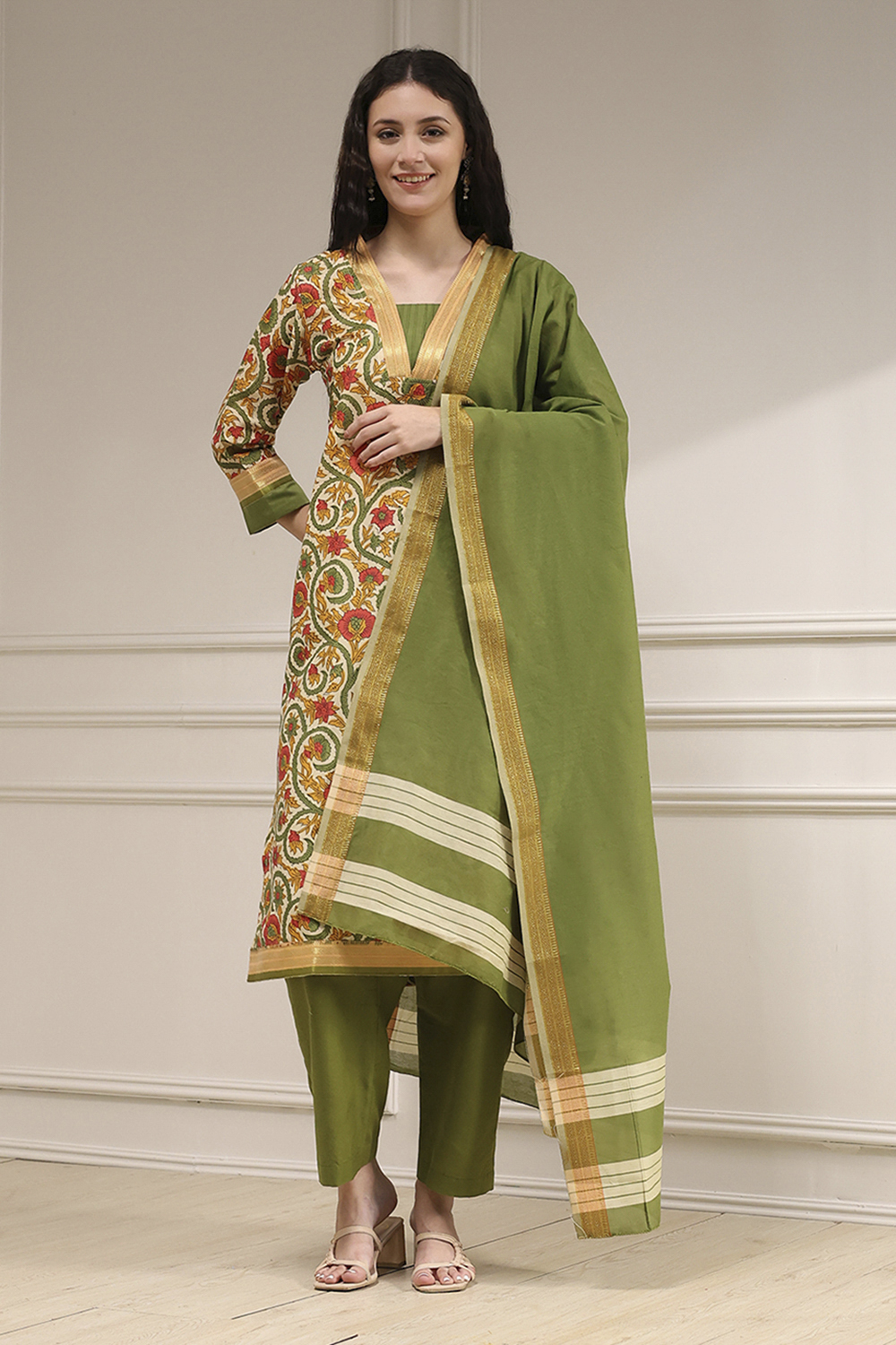 Green Tussar Digital Print Unstitched Suit Set image number 1