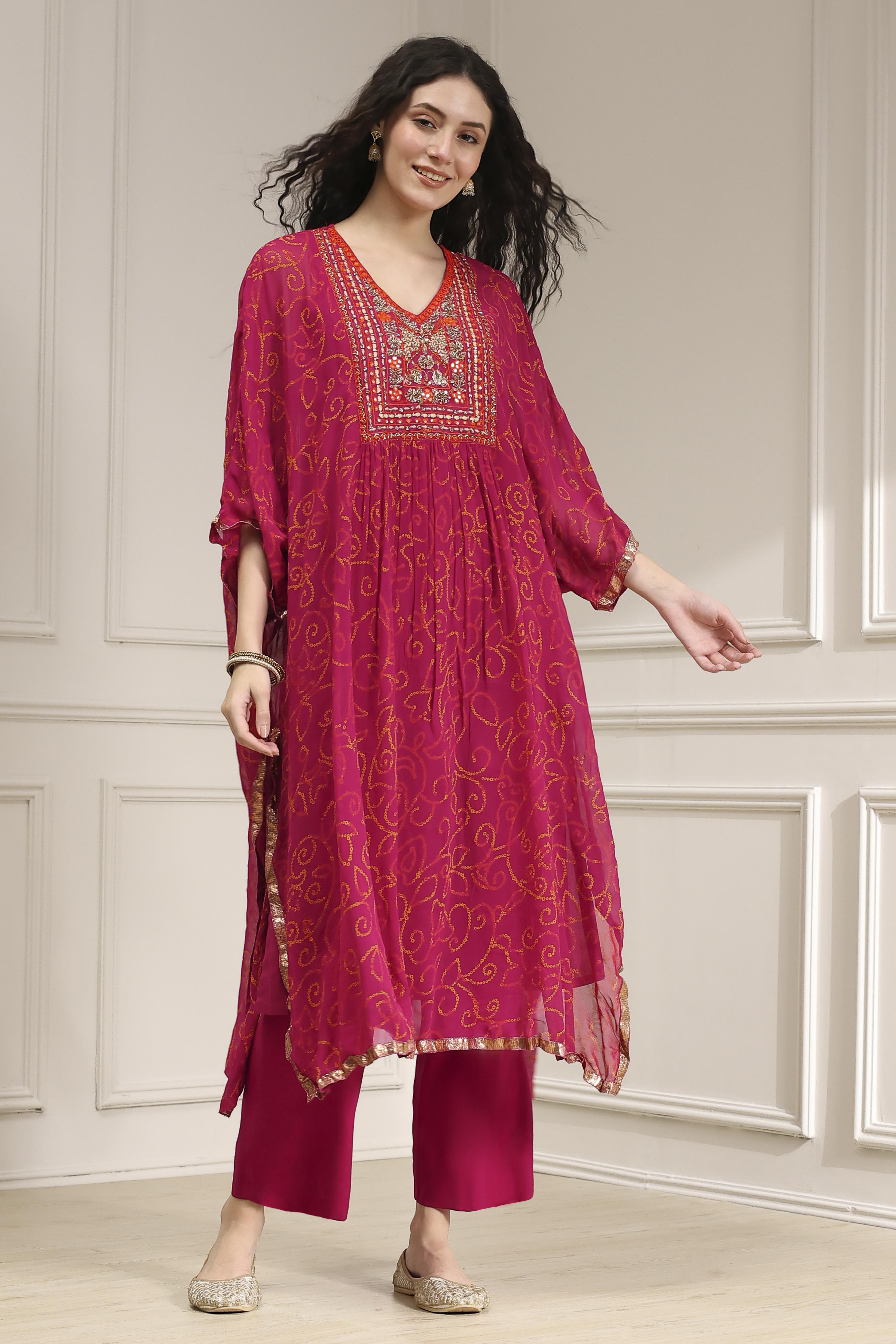 Purple Viscose Straight Printed Fusion Set image number 0