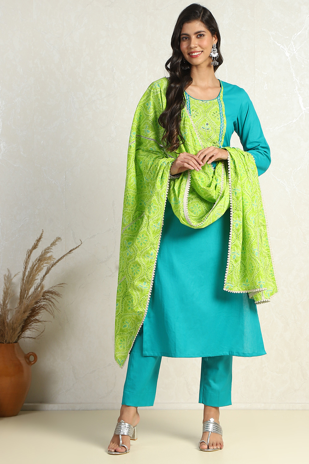 Turquoise Cotton Dyeing Unstitched Suit Set image number 1