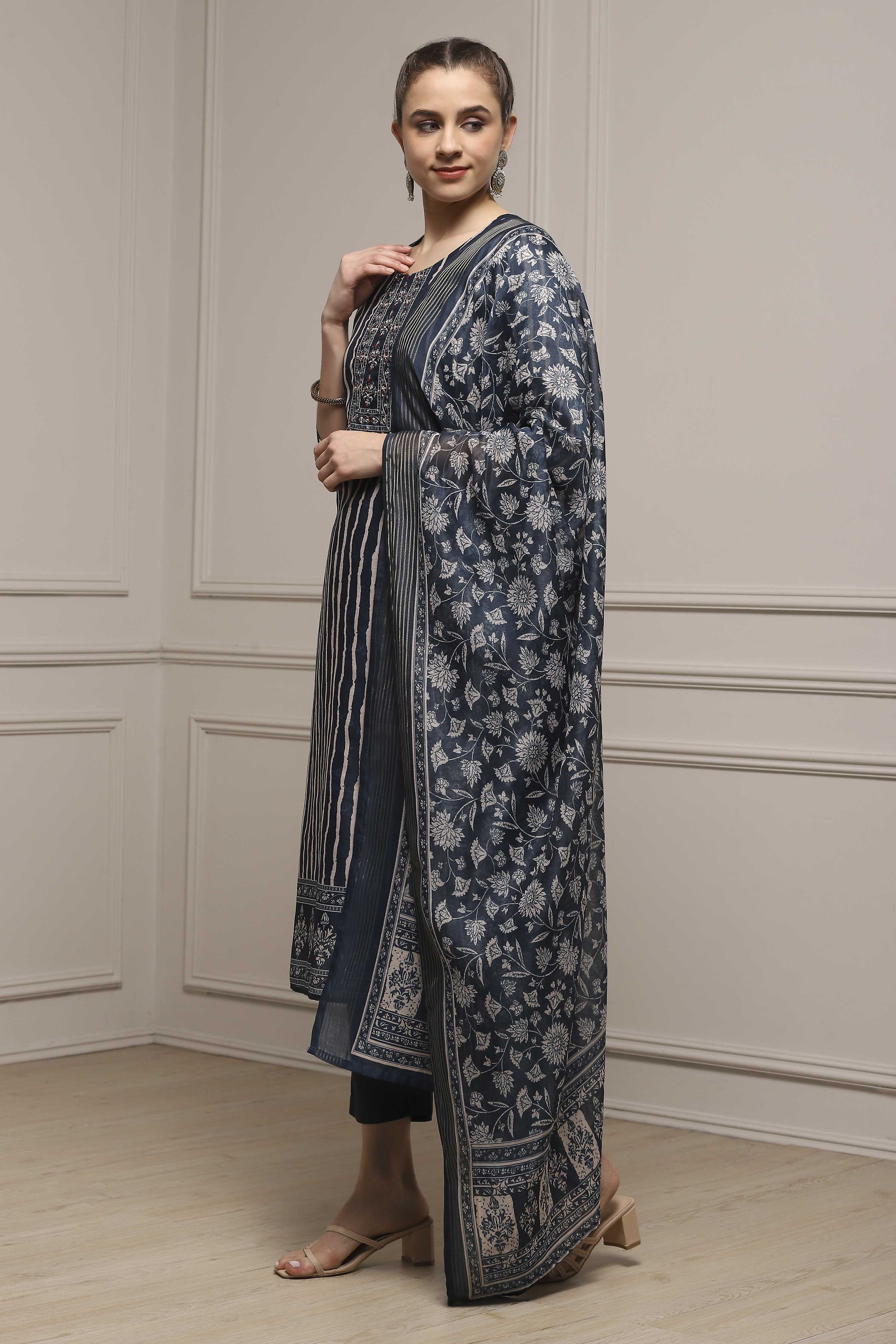 Blue Chanderi Blend Printed Embroidered Unstitched Suit Set image number 4