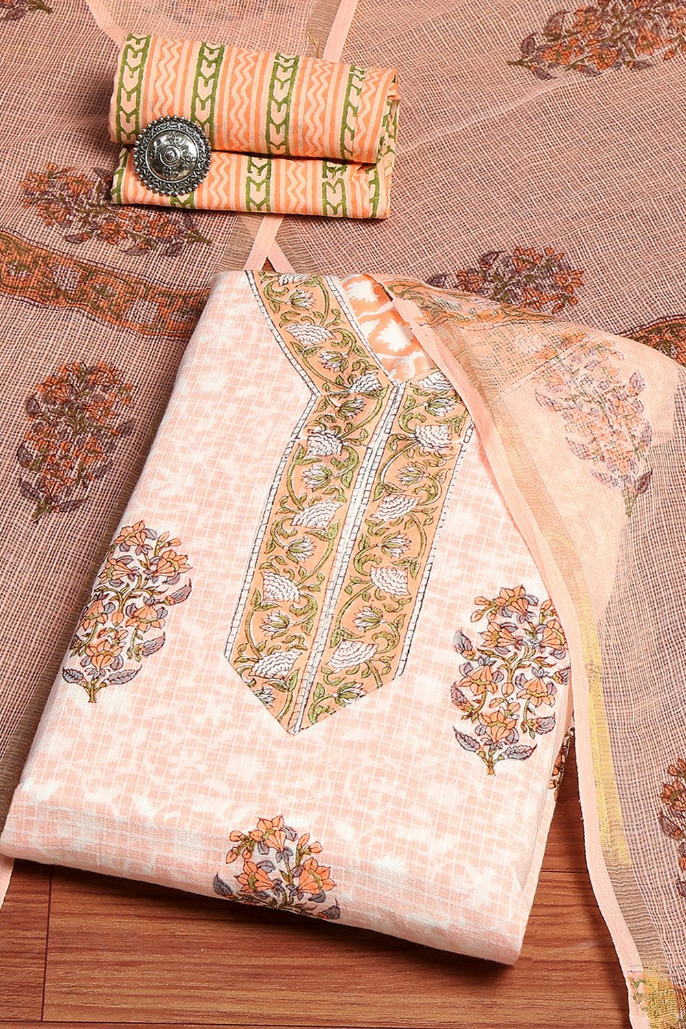 Blue Cotton Hand Block Print Unstitched Suit Set image number 0