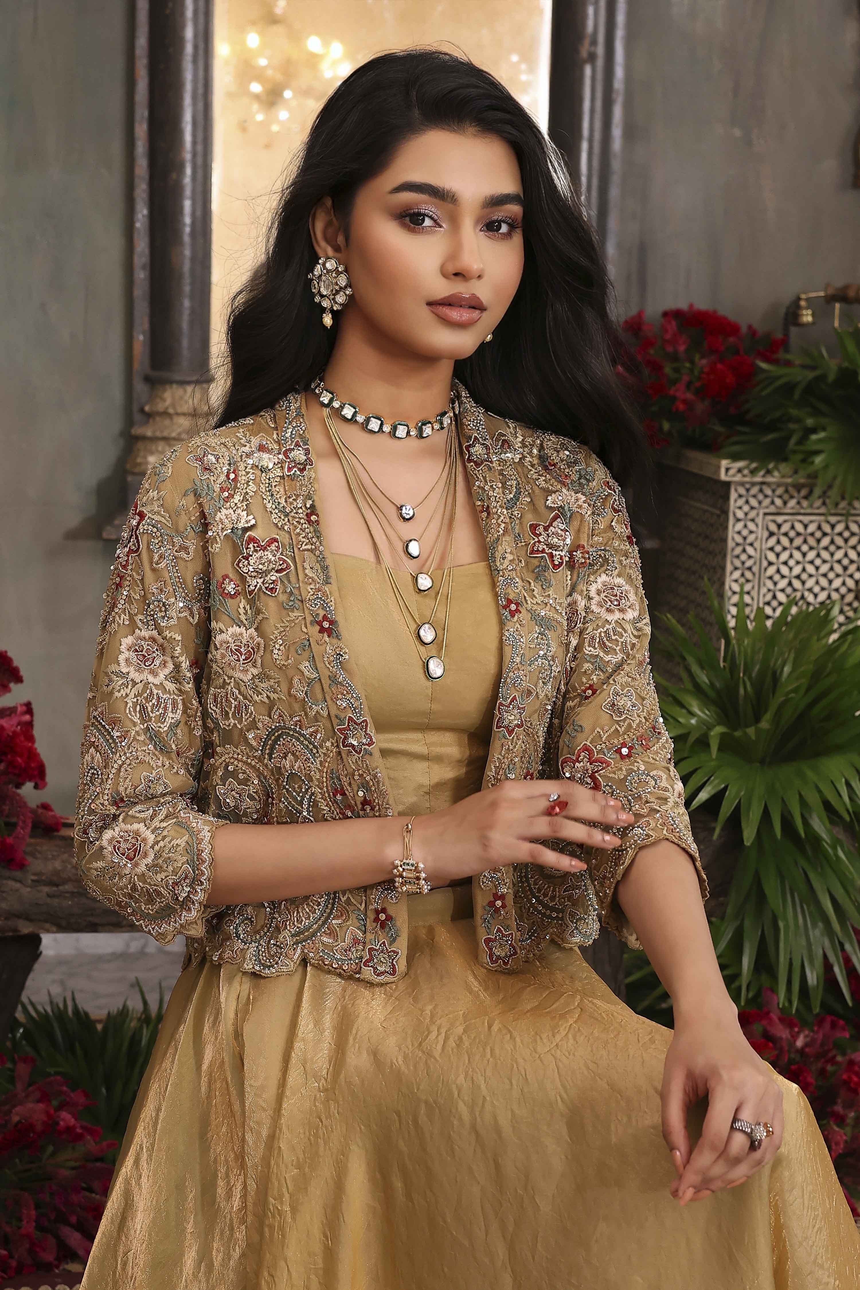 Gold Toned Art Silk Solid Lehenga Set With Jacket image number 1