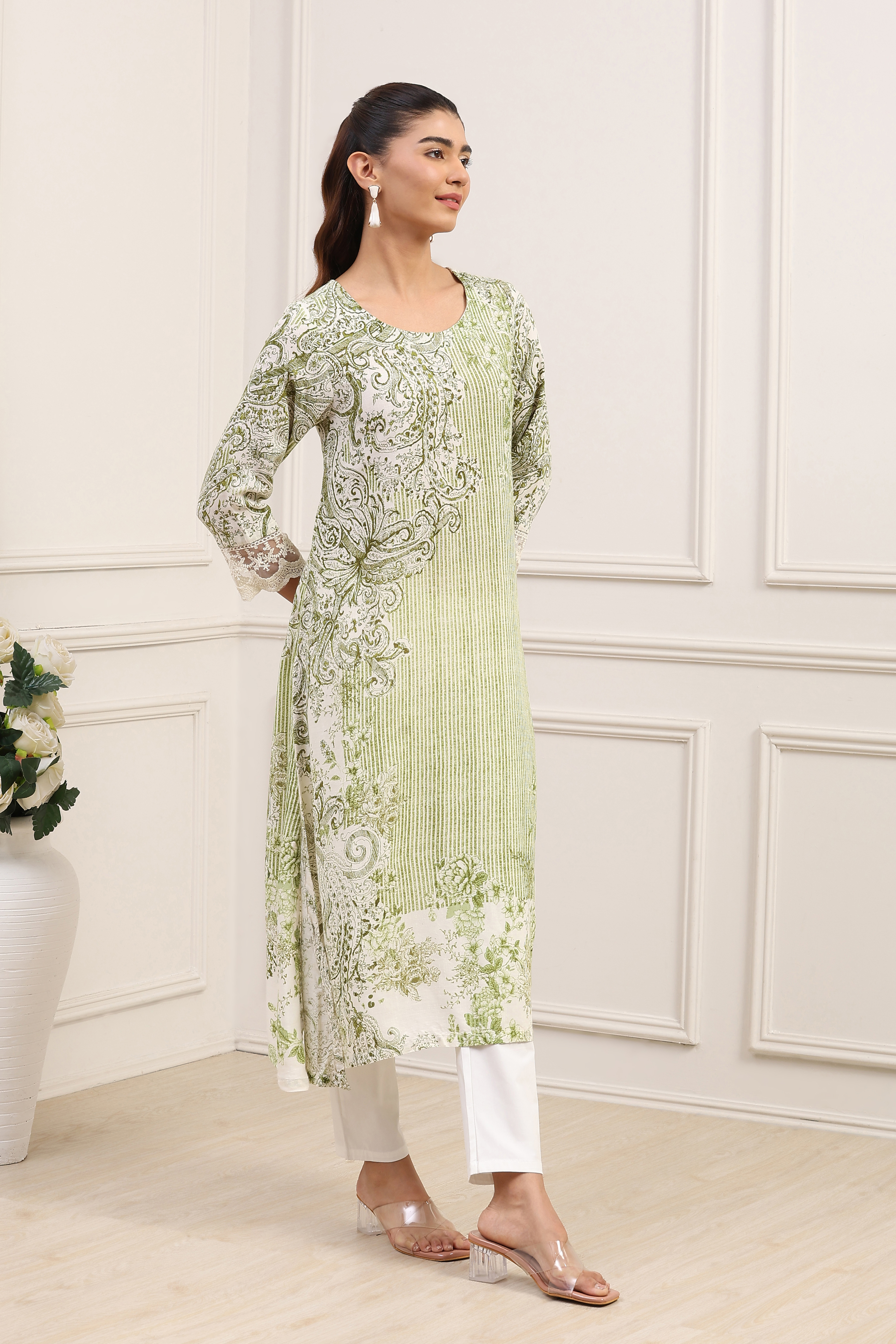 Green Viscose Rayon Printed Straight Kurta image number 4
