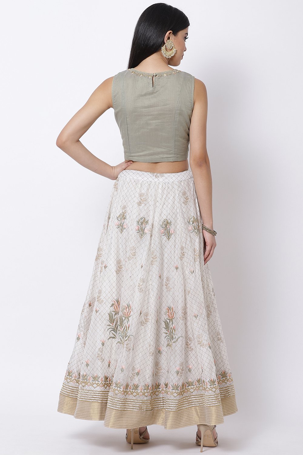 Olive And Ivory Poly Cotton Lehenga Set image number 4