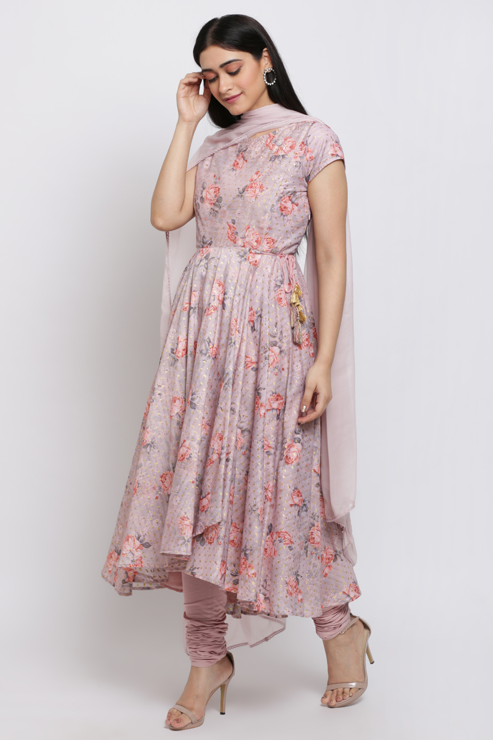 Dusky Rose Poly Metallic Anarkali Kurta Churidar Suit Set image number 4