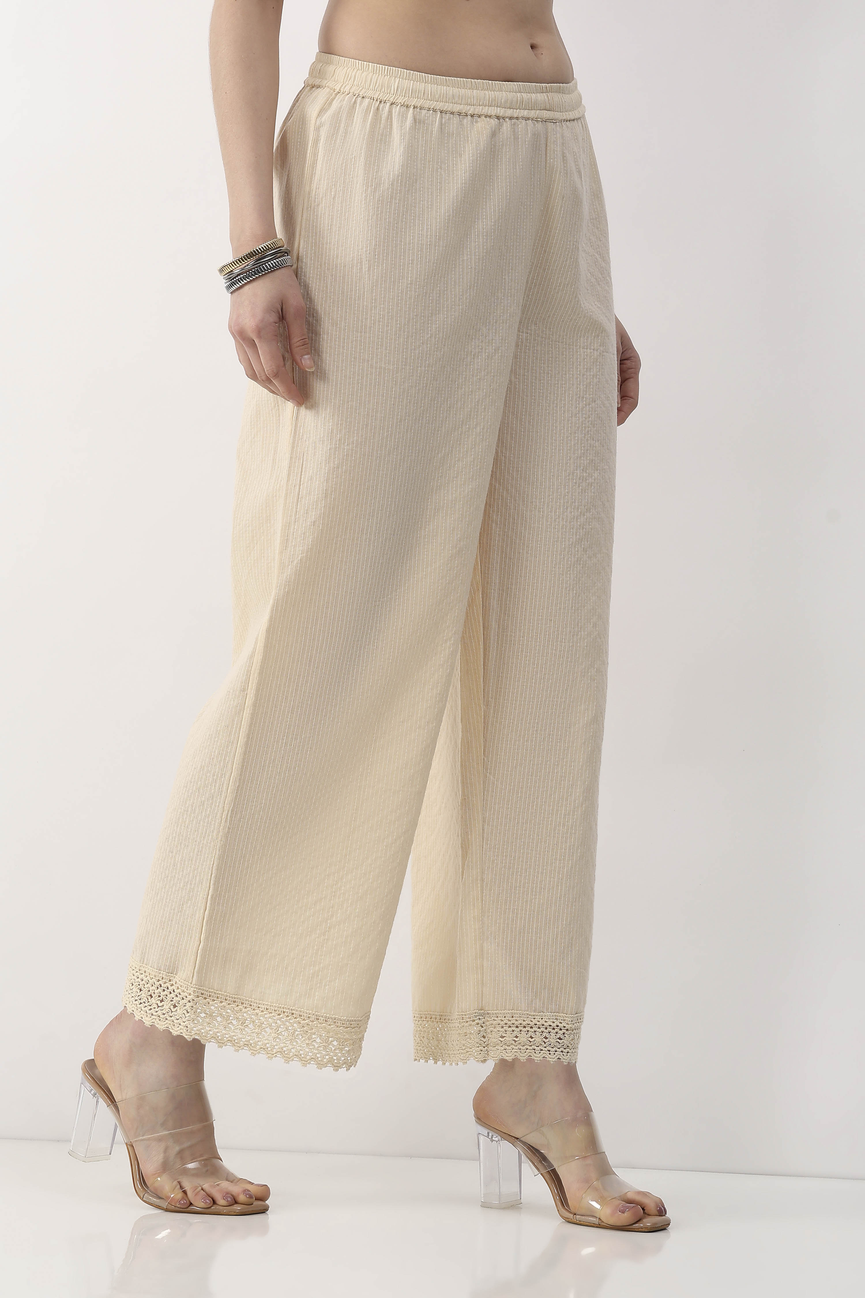 Beige Cotton Straight Palazzos image number 4