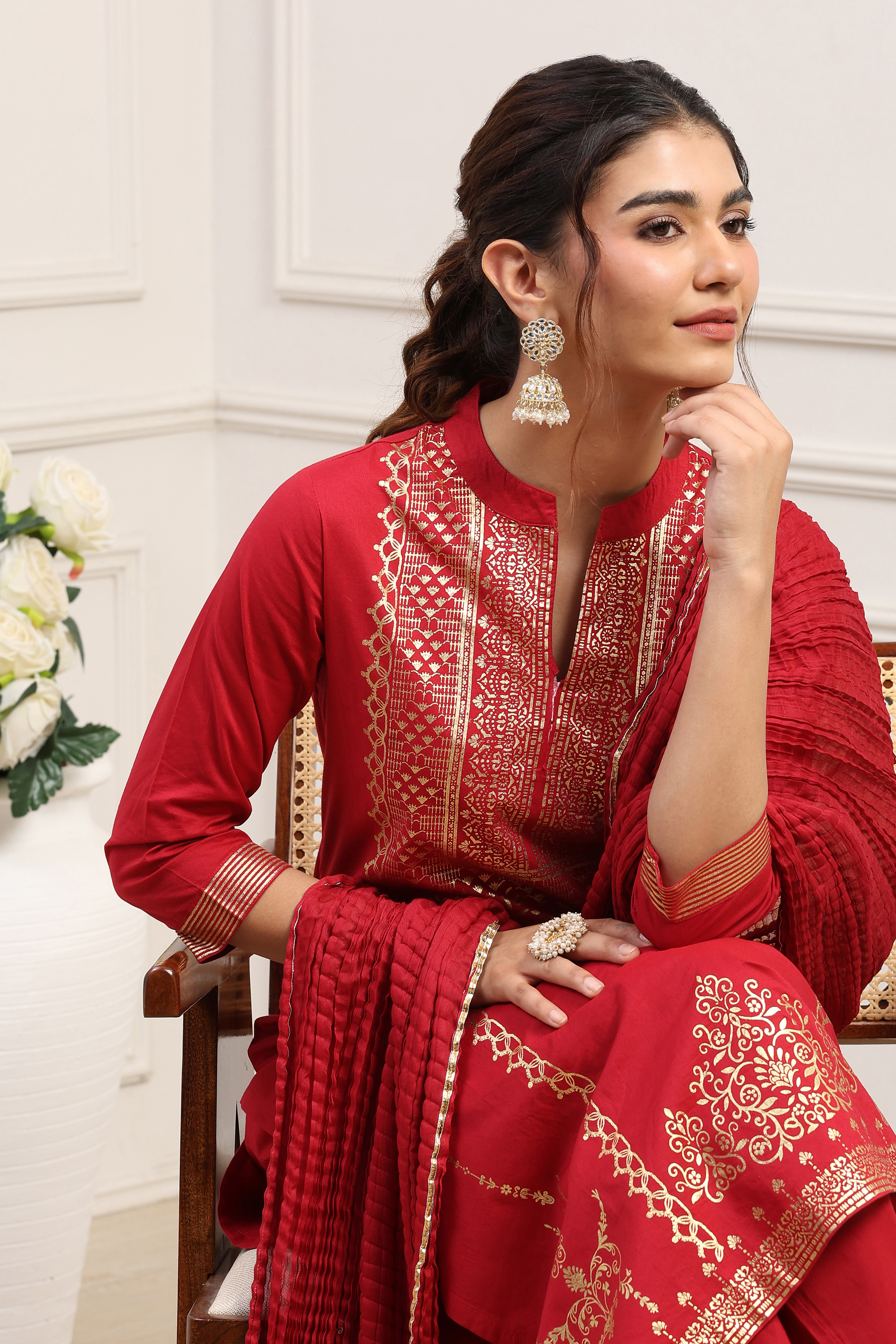 Navy Cotton Straight Kurta Palazzo Suit Set image number 7