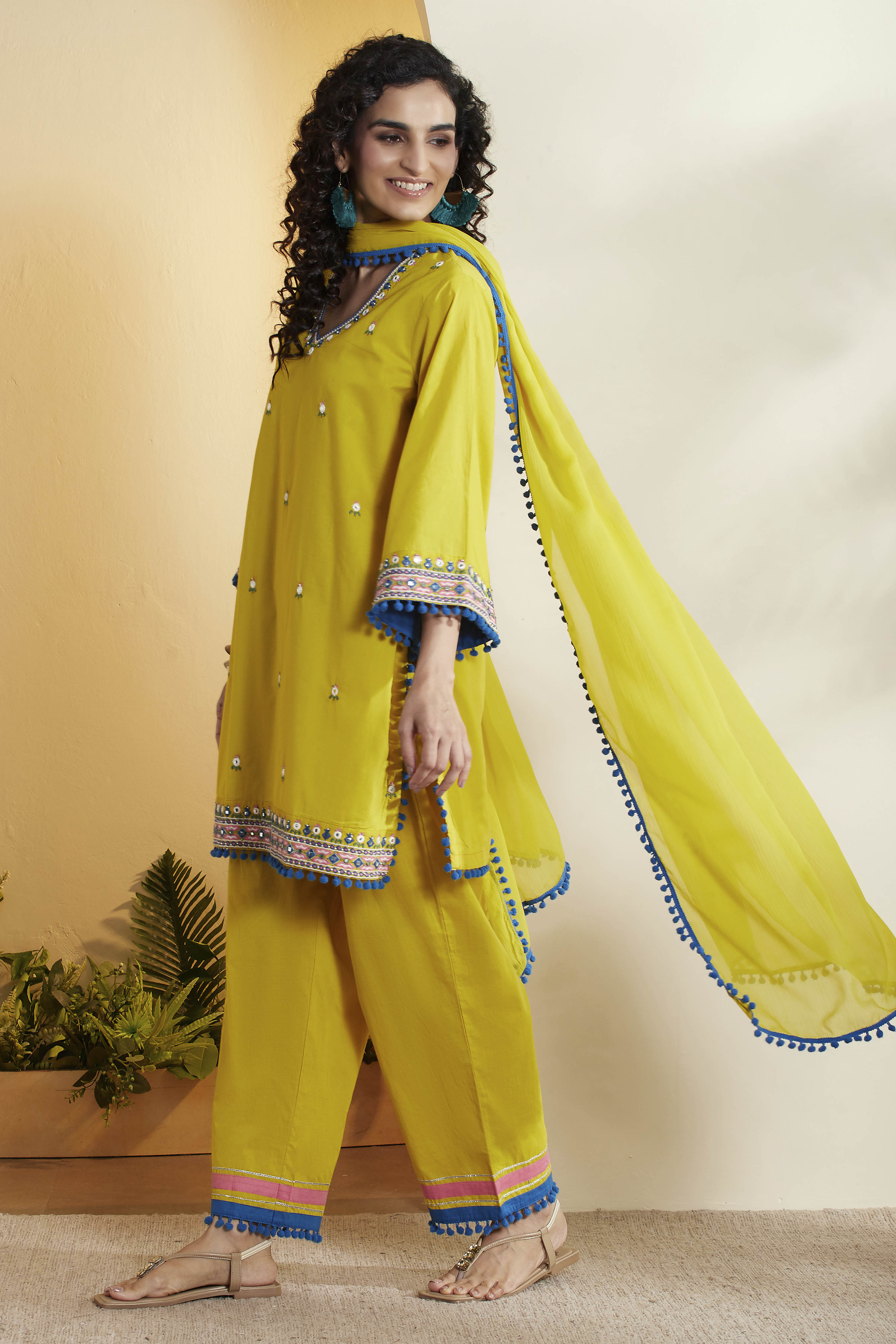 Lime Green Embroidered Cotton Kurta Set image number 4