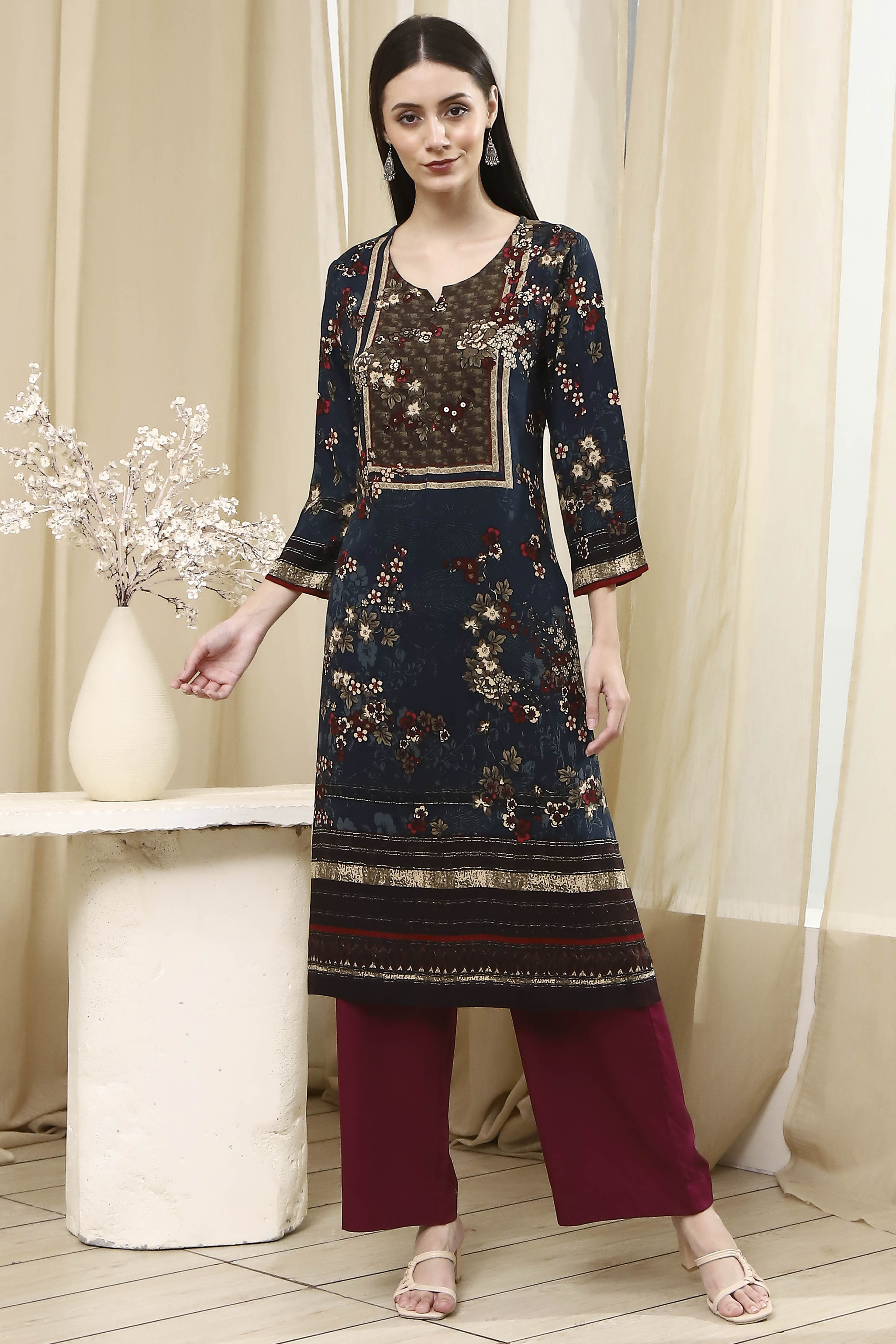 Berry Maroon Solid Straight Palazzos image number 0