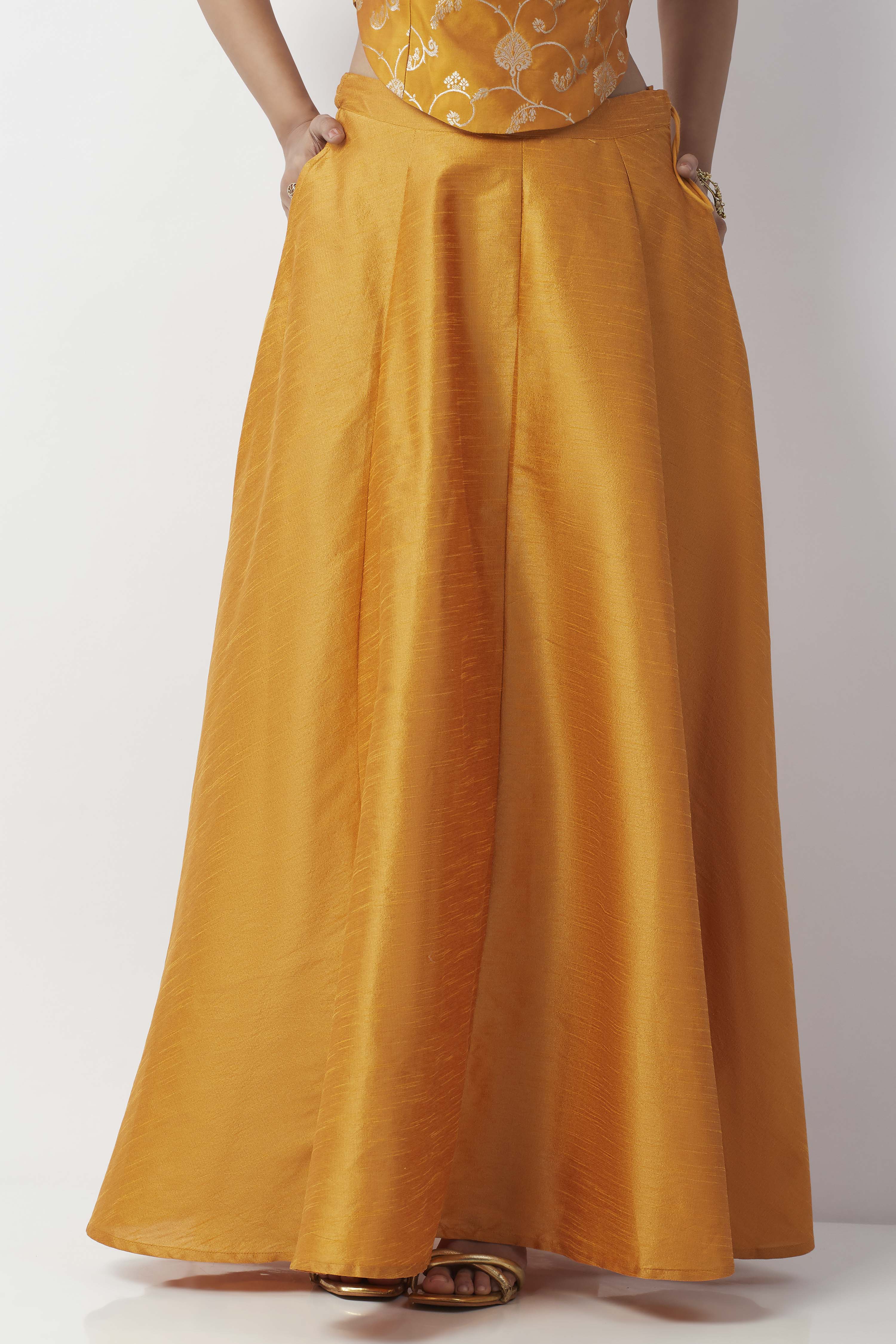 Mustard Poly Dupion Solid Flared Maxi Skirt image number 6