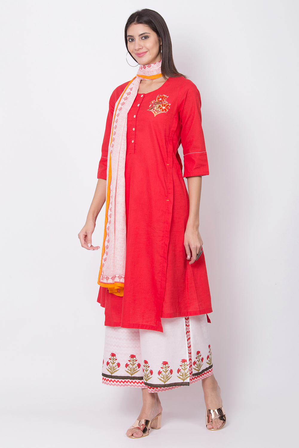 Charcoal Cotton A-Line Kurta Palazzo Suit Set image number 2