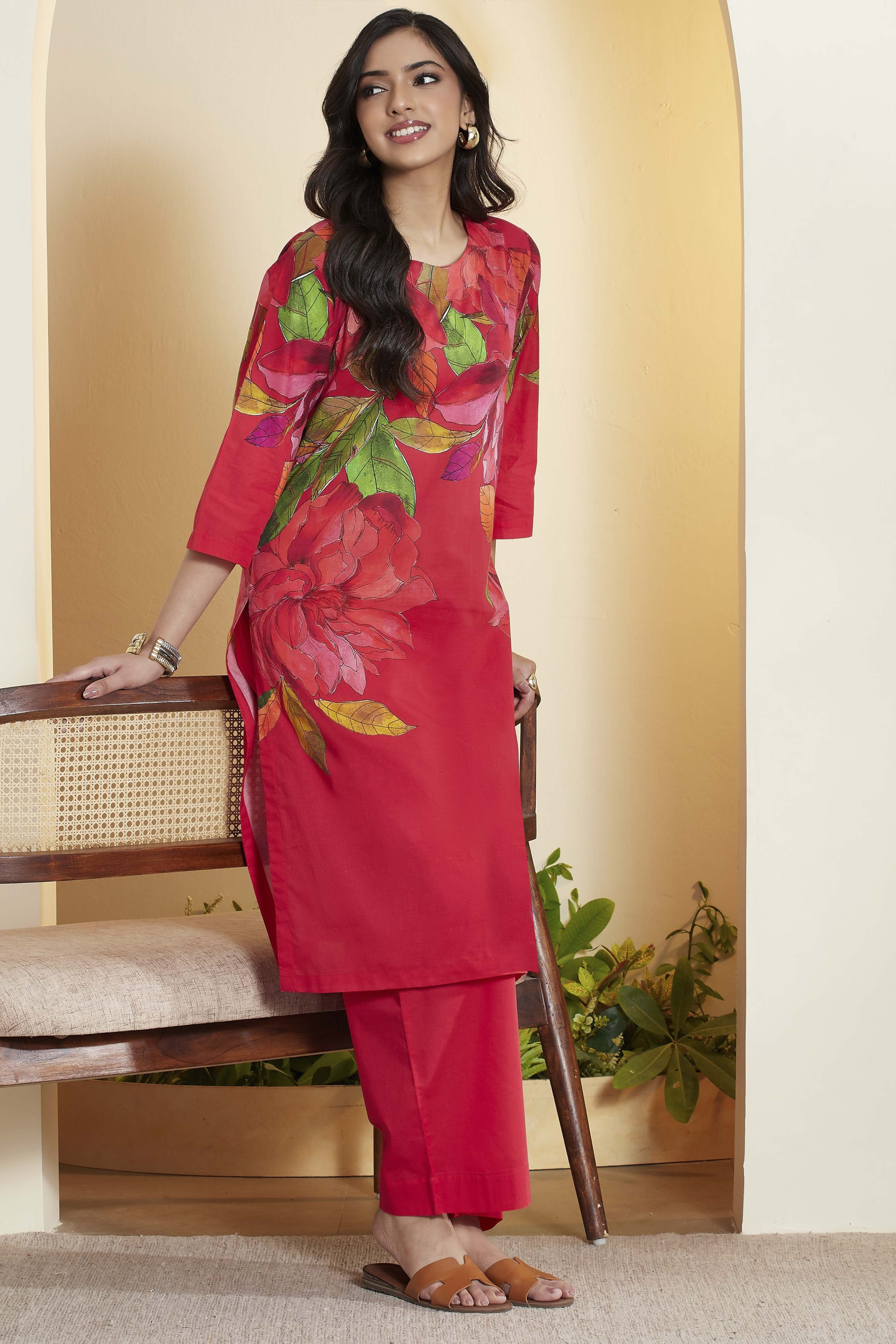 Berry Red Cotton Straight Kurta Pants Set image number 0