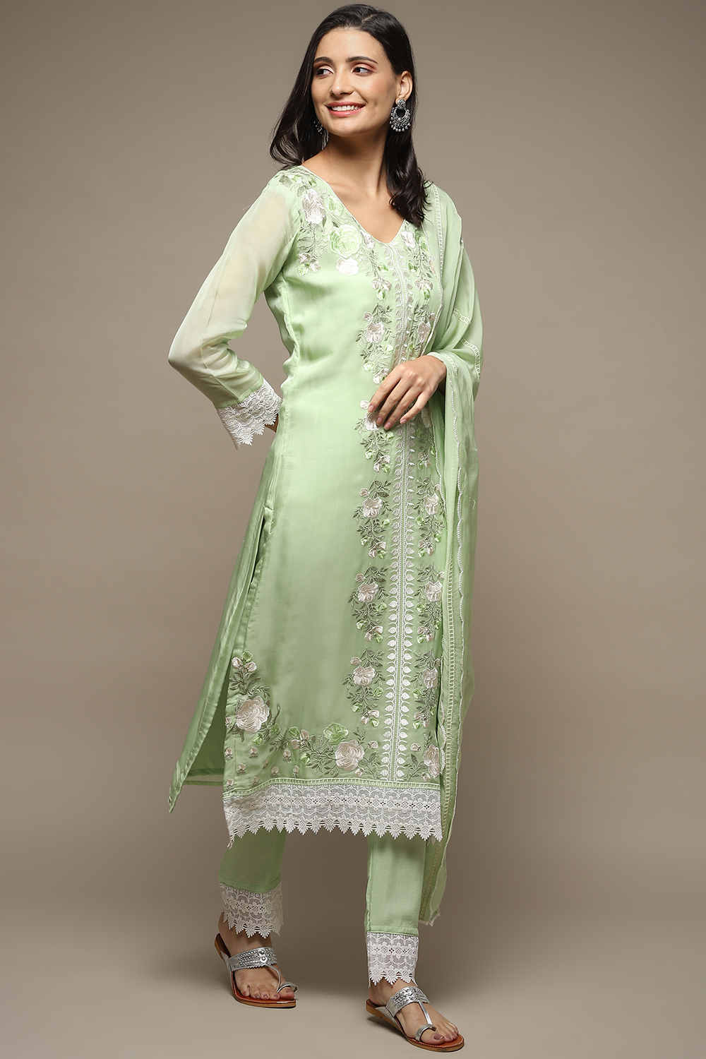 Green Organza Lace Unstitched Suit Set image number 7