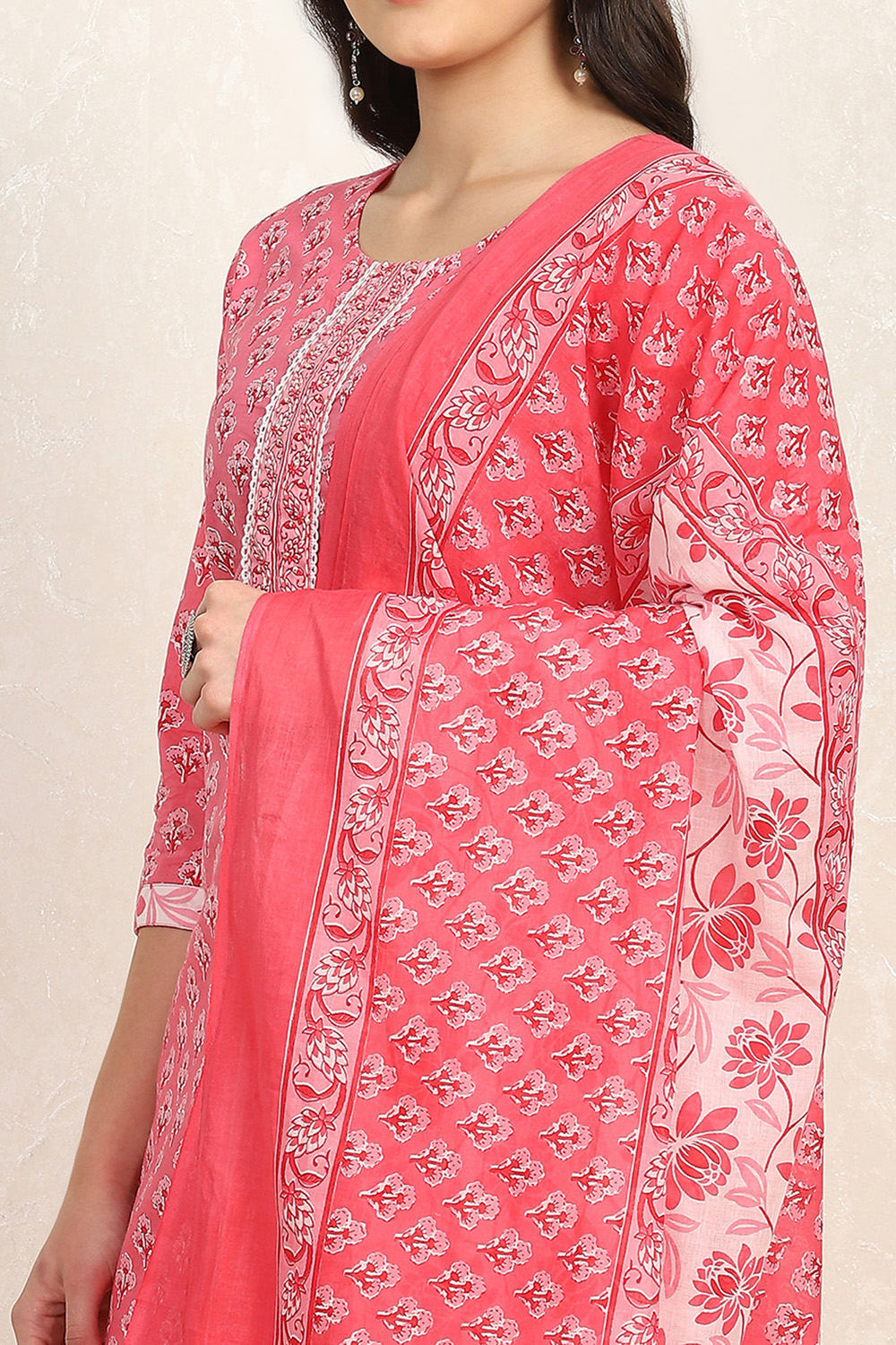 Pink Cotton Screen Print Unstitched Suit Set image number 2