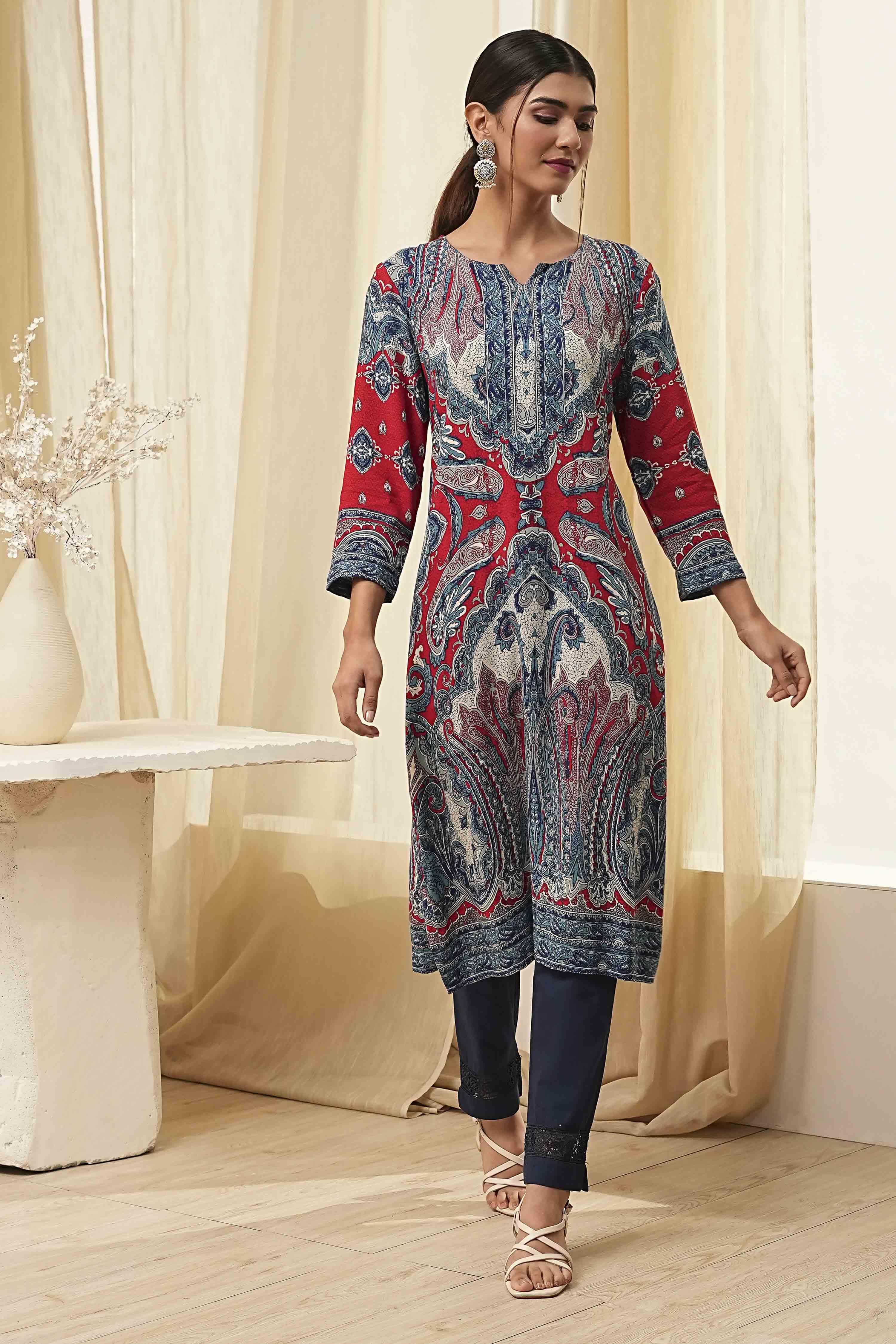 Pink Printed Straight Kurta image number 5