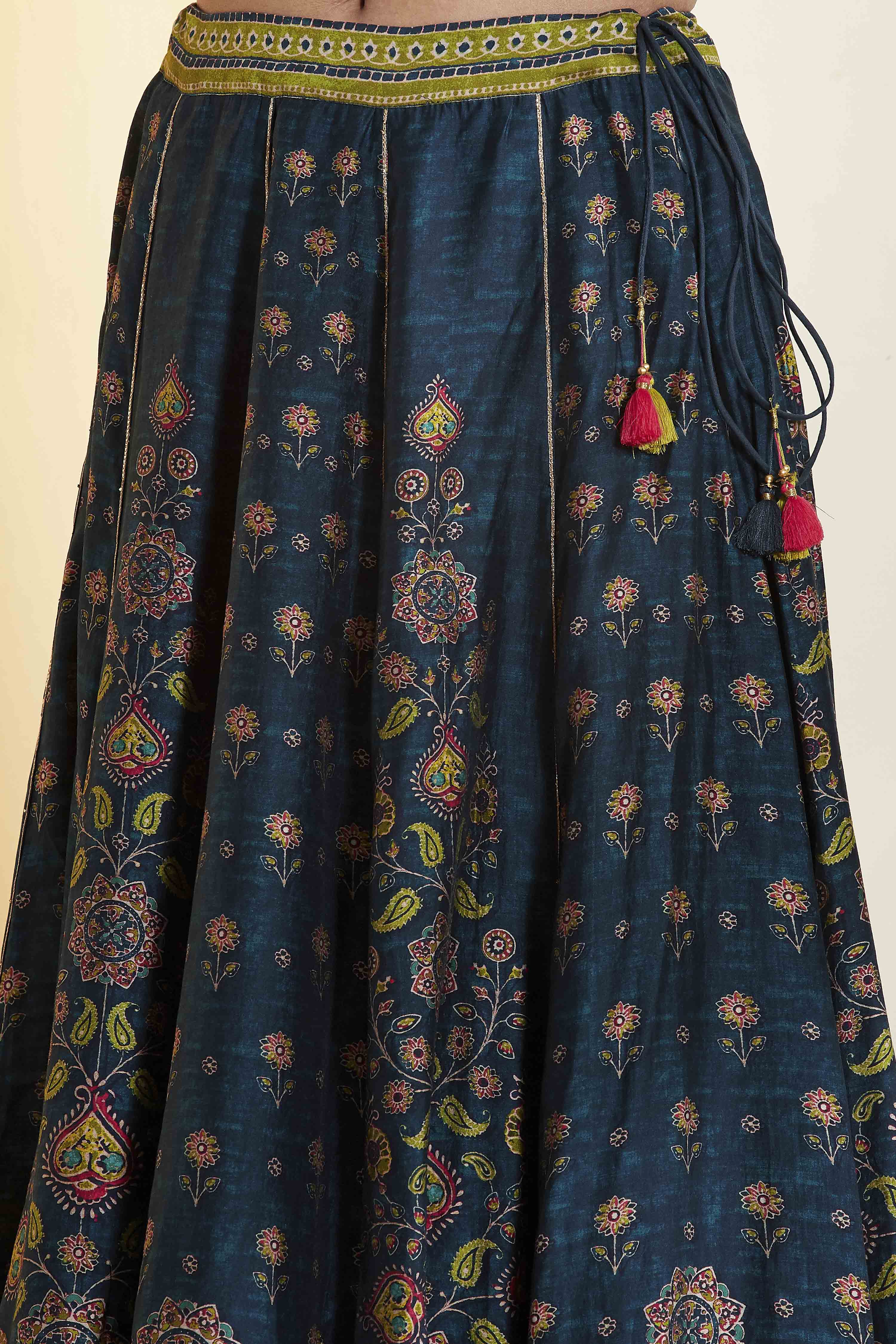 Blue Viscose Silk Floral Printed Peplum Lehenga Set image number 2