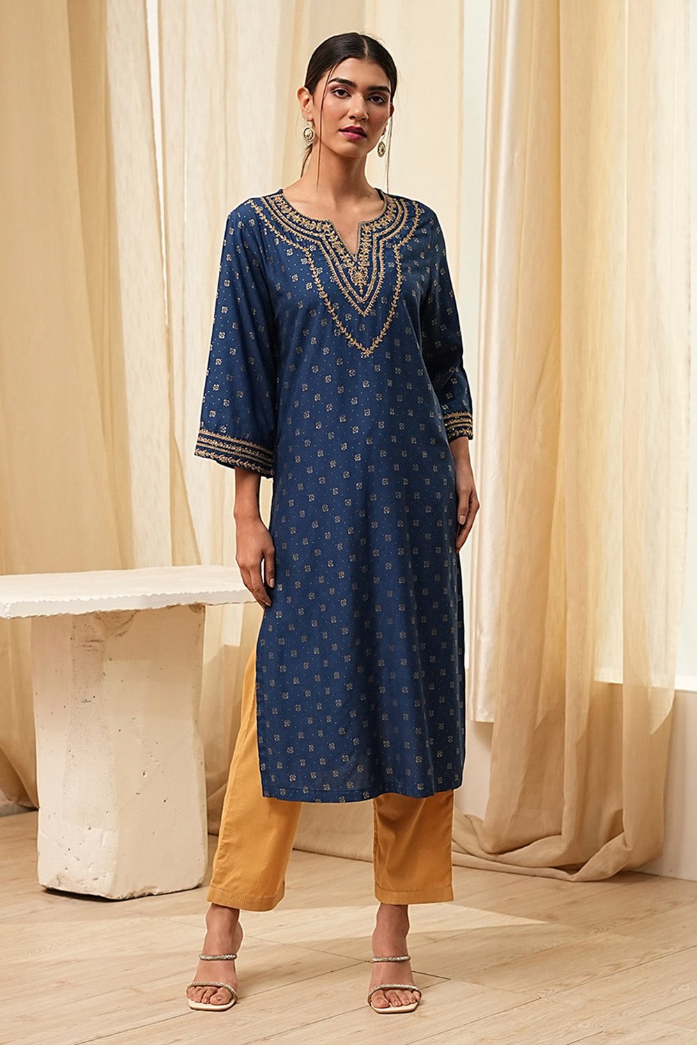 Blue Printed Straight Kurta image number 5