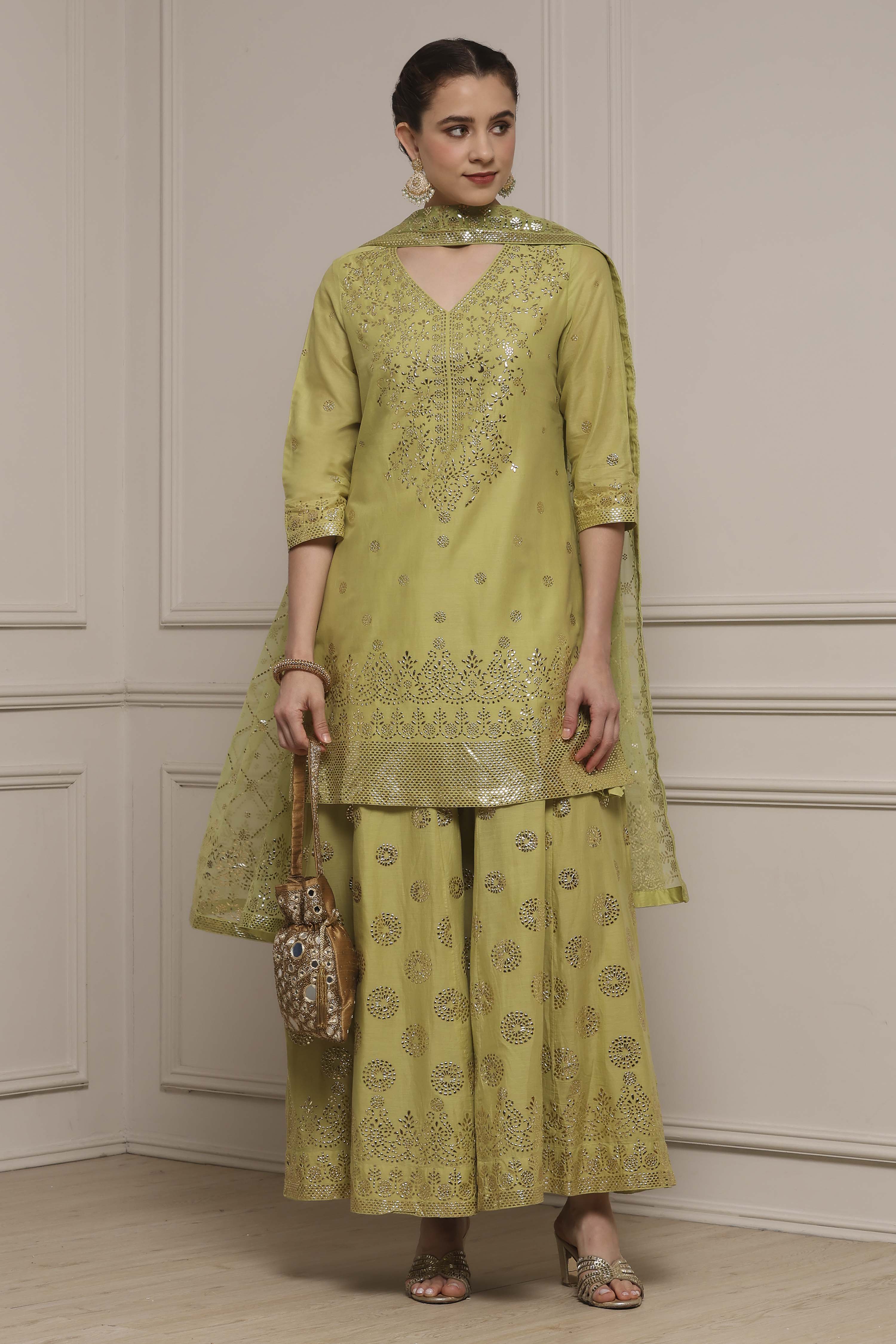 Green Cotton Printed Sharara Suit Set image number 0