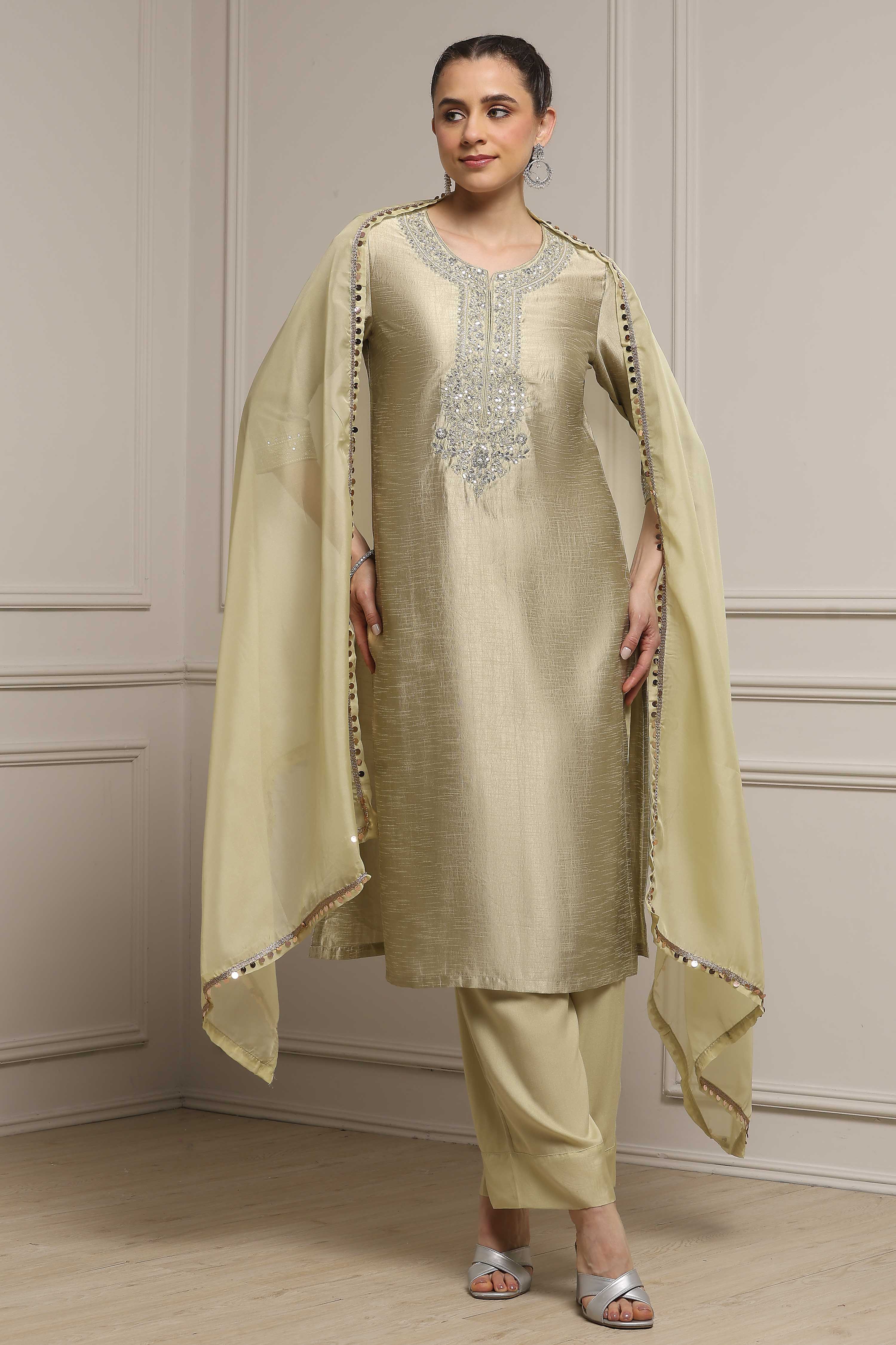 Light Green Viscose Blend Straight Dyed Suit Set image number 0