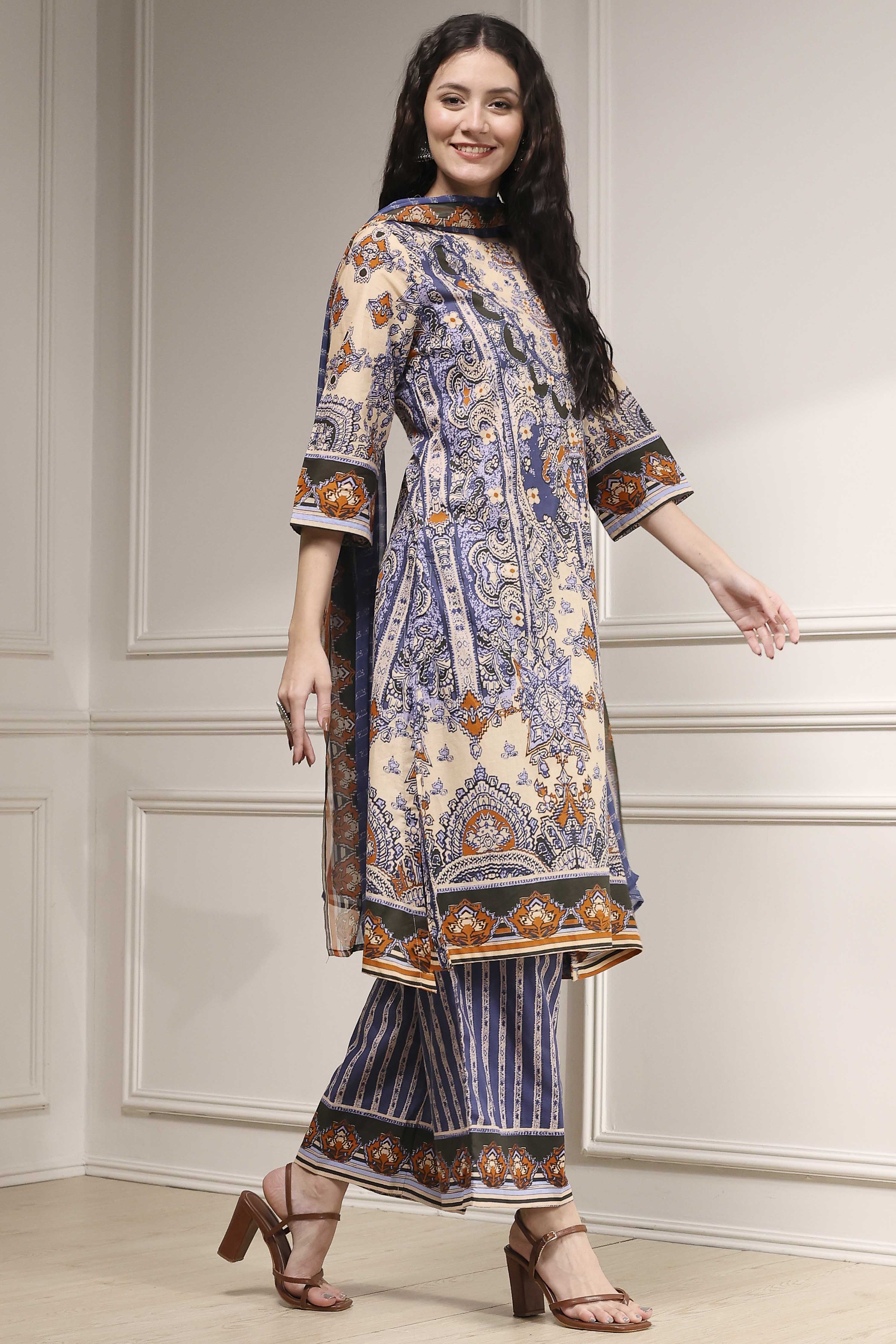 Navy Blue and Beige Cotton Straight Suit Set image number 5