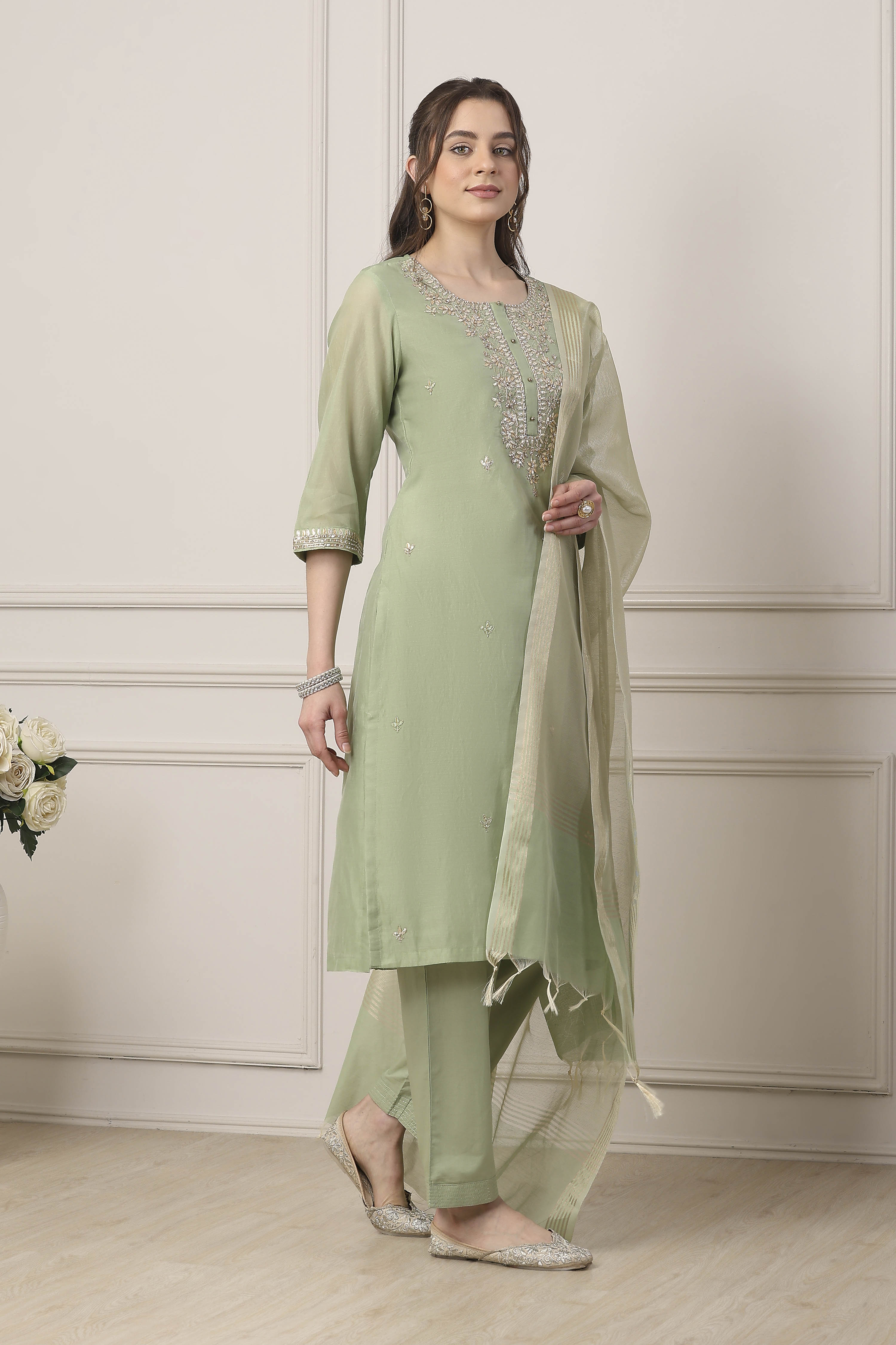 Green Poly Chanderi Sequin Embroidered Straight Suit Set image number 5