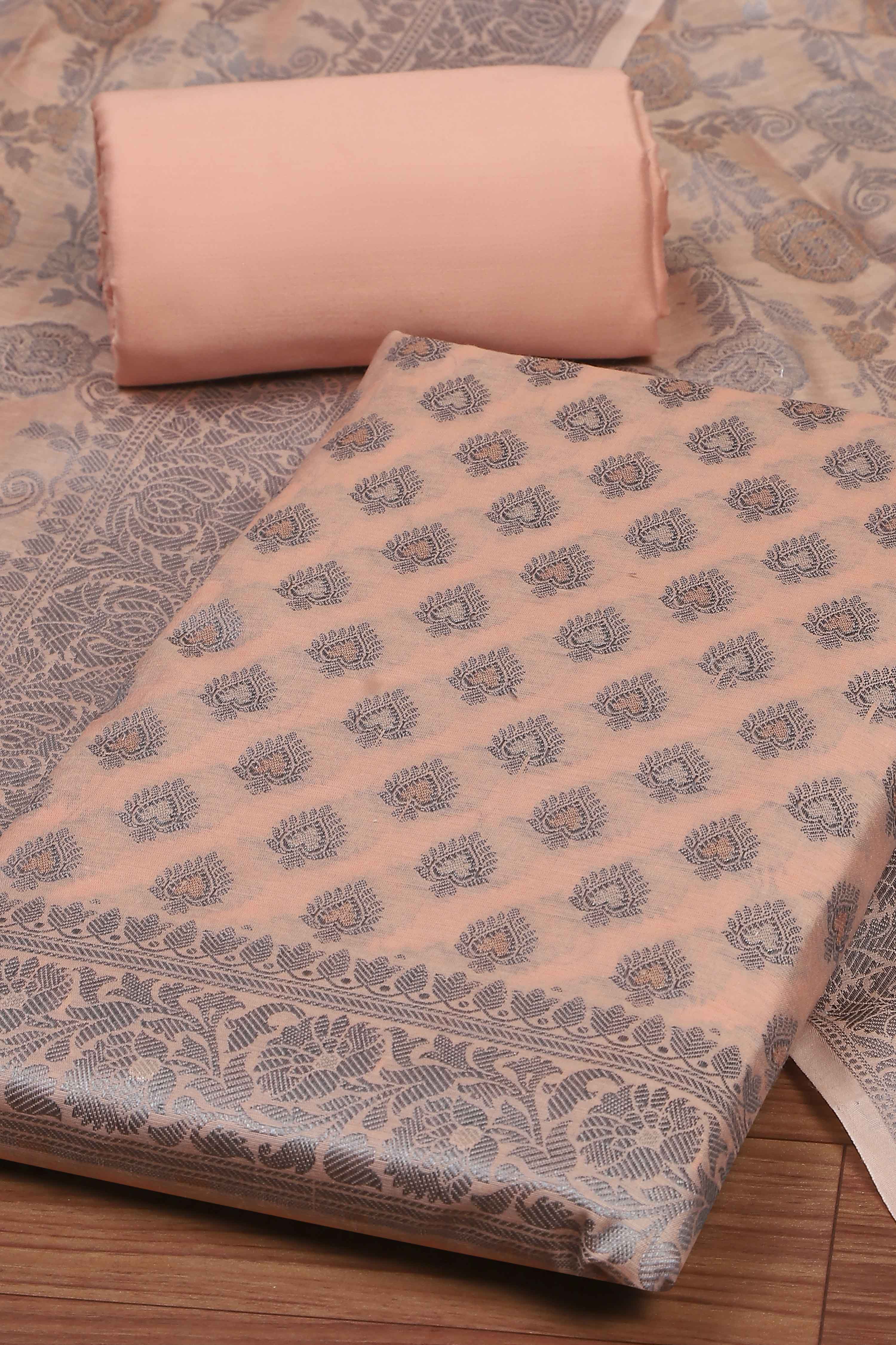 Beige Cotton Printed Embroidered Unstitched Suit Set image number 1