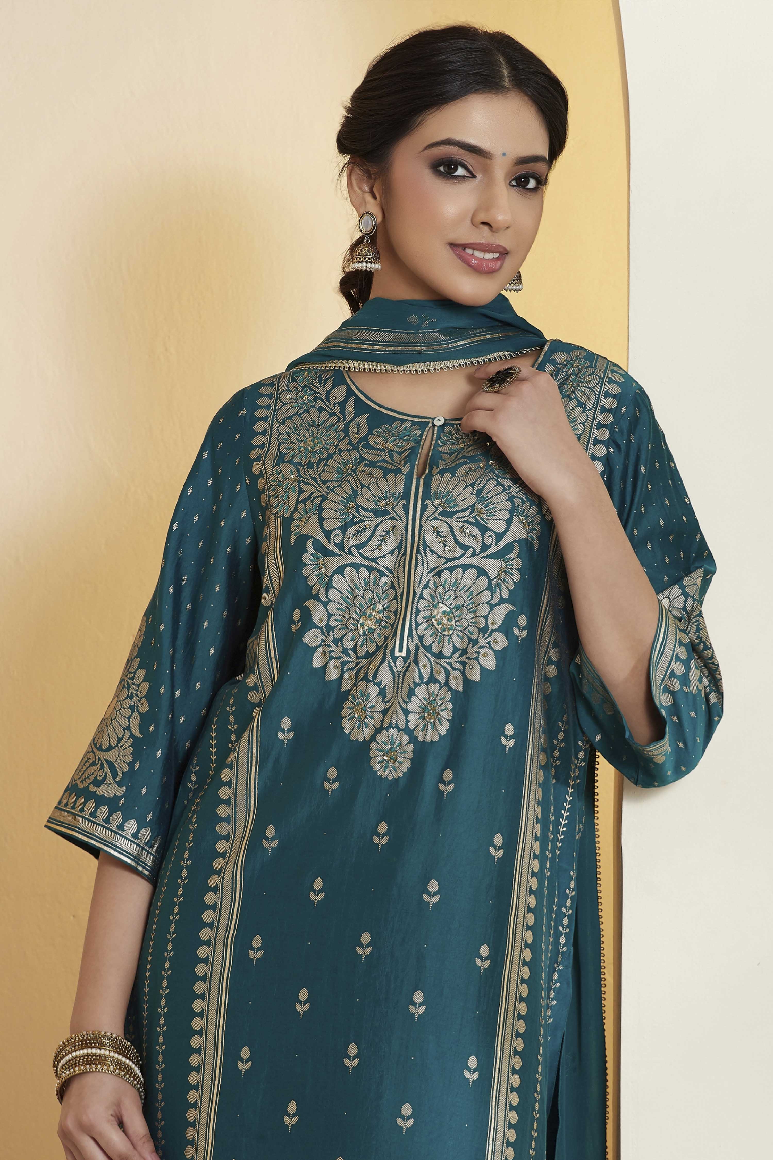 Teal Viscose Blend Embroidered Straight Kurta Set image number 1
