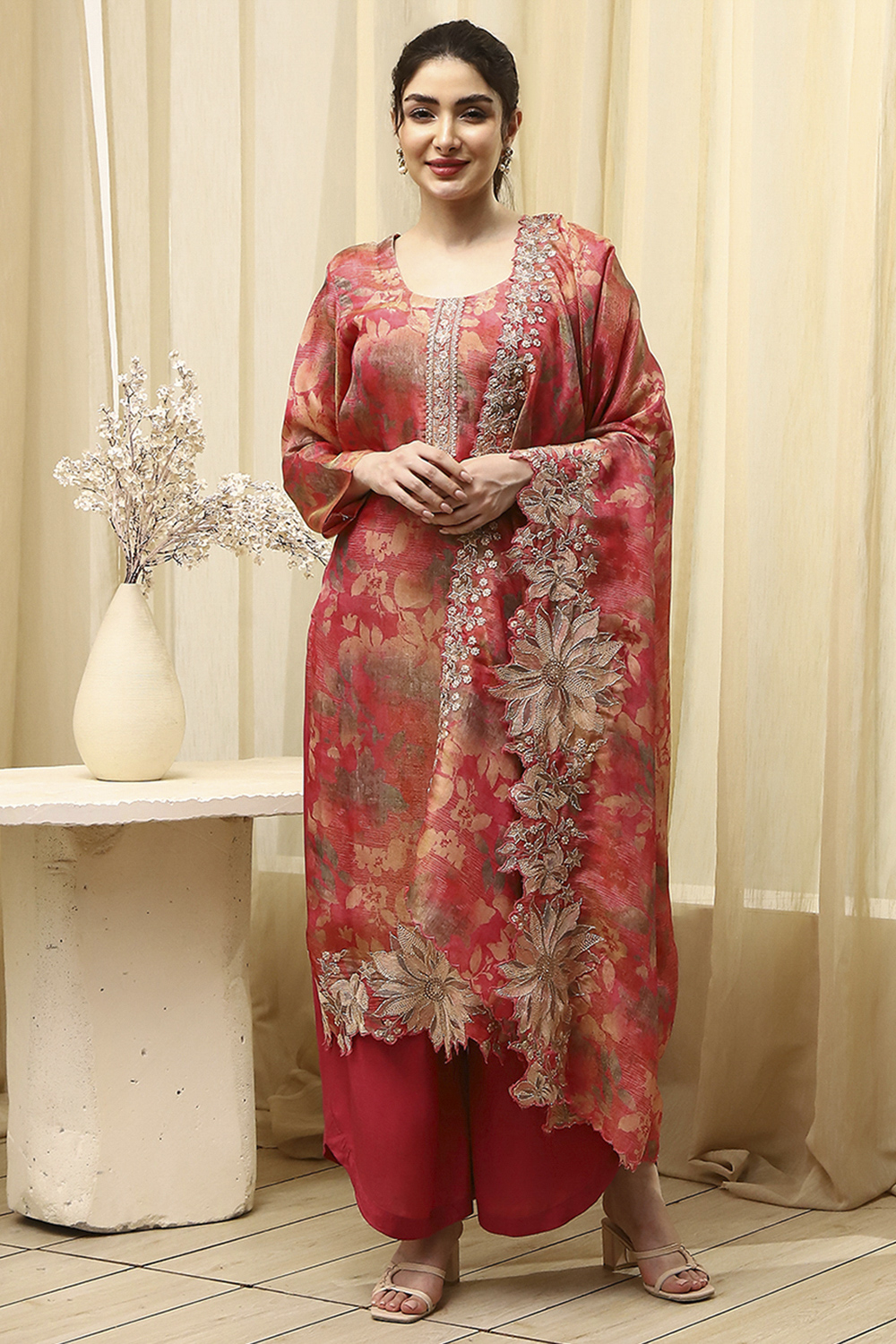 Grey Tissue Printed Embroidered Unstitched Suit Set image number 7