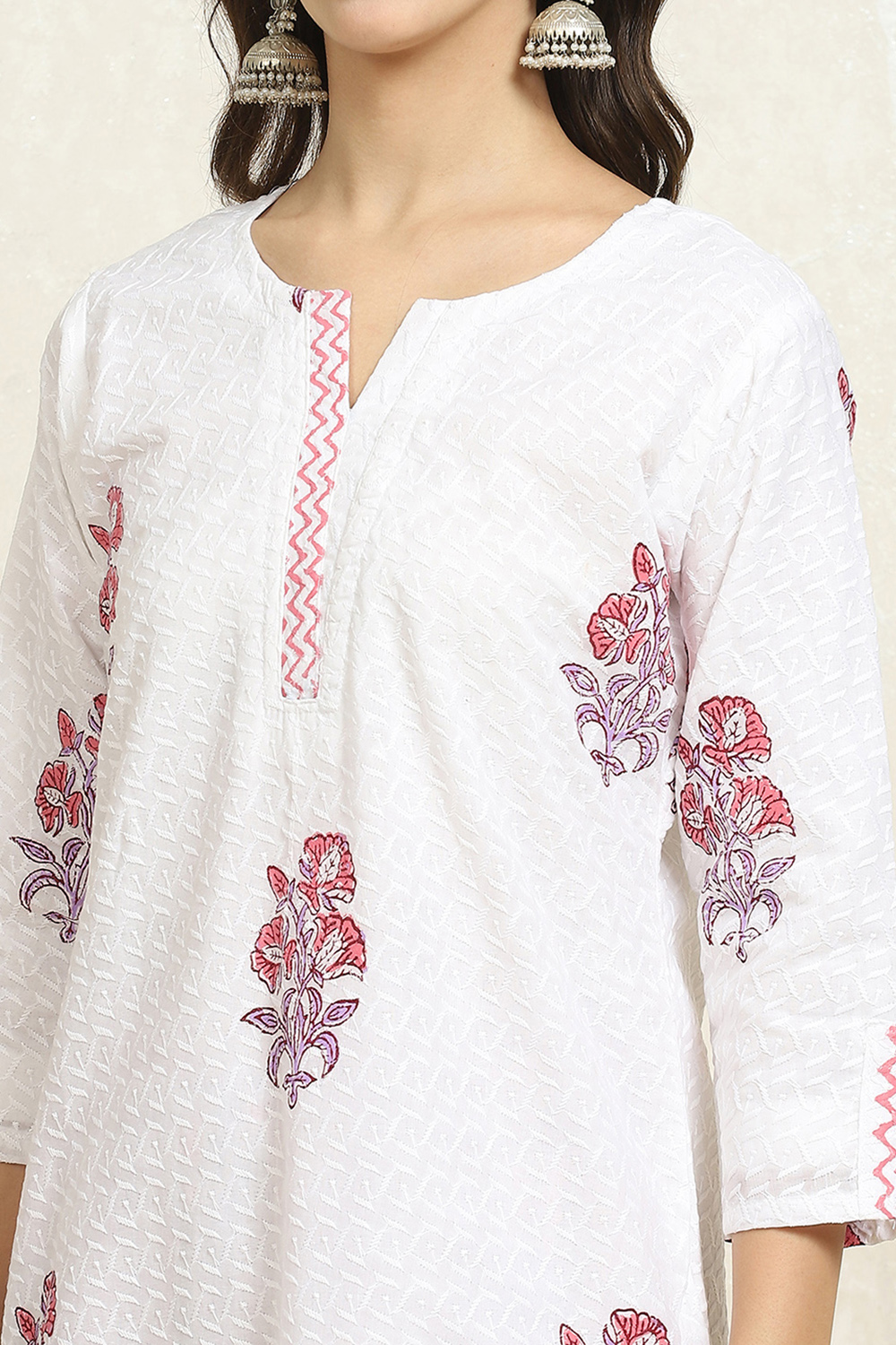 White and Pink Cotton Floral Hand Block Unstitched Suit Set image number 2