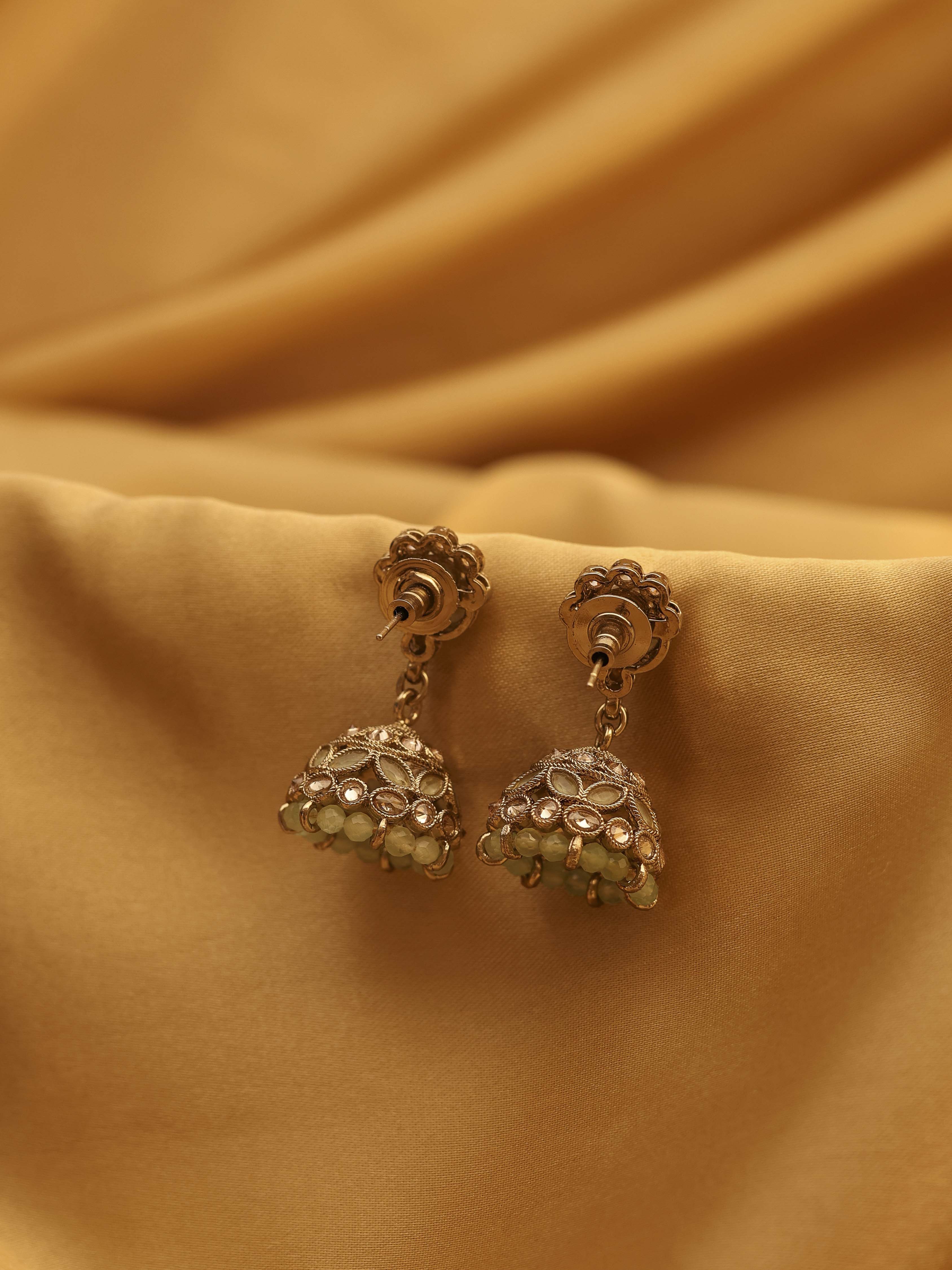 Green Gold-Plated Brass Studded Jhumkas image number 2