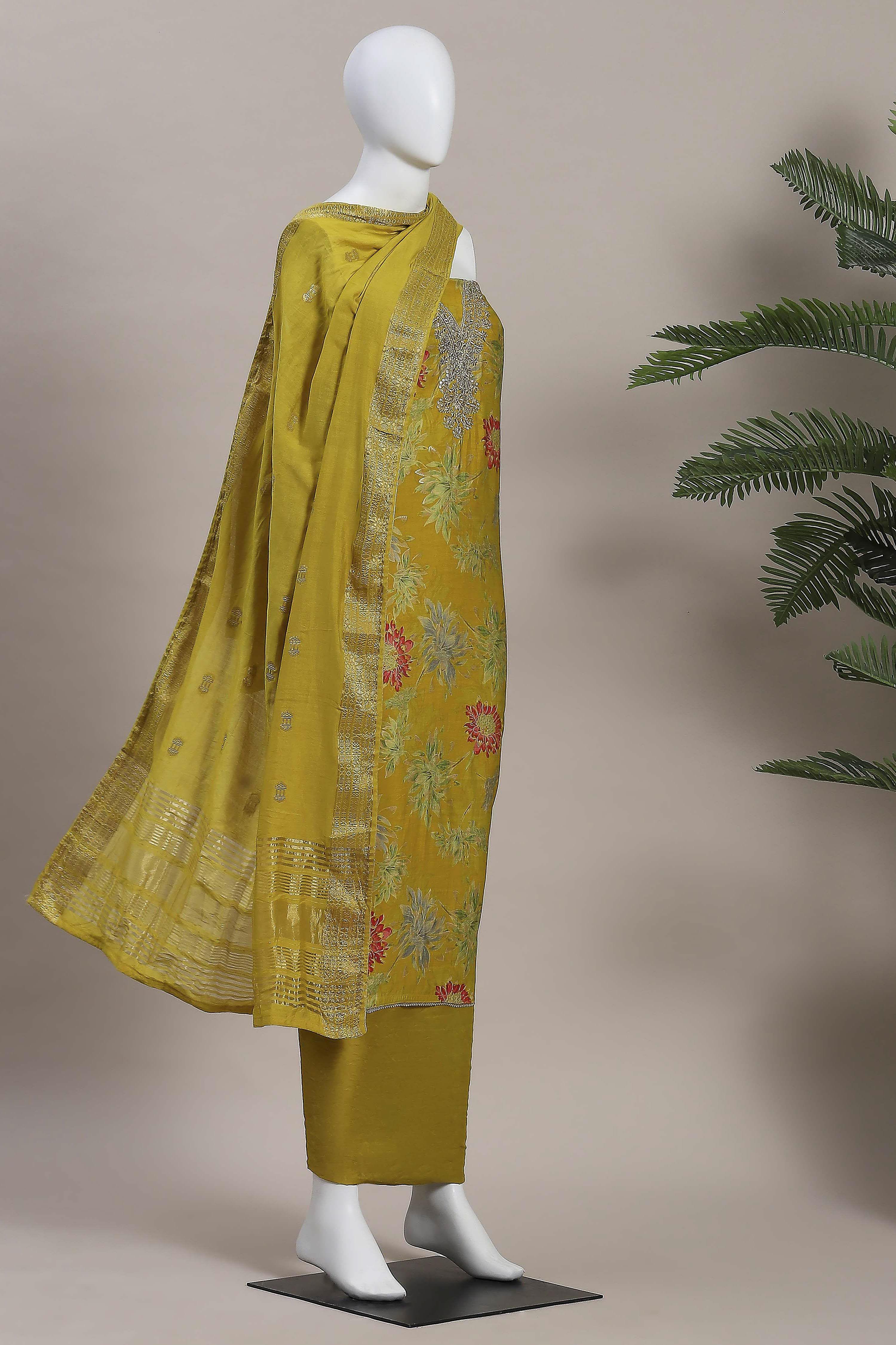 Green Modal Rajasthani Print Unstitched Suit Set image number 4