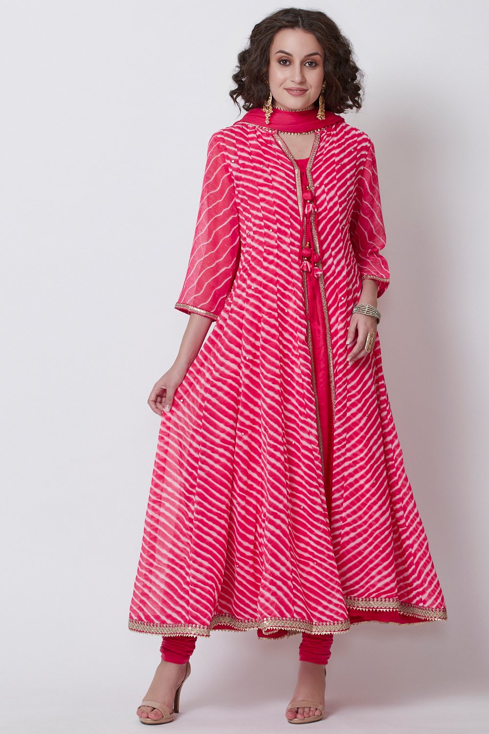 Pink Art Silk Front Open Kurta Churidar Suit Set image number 2