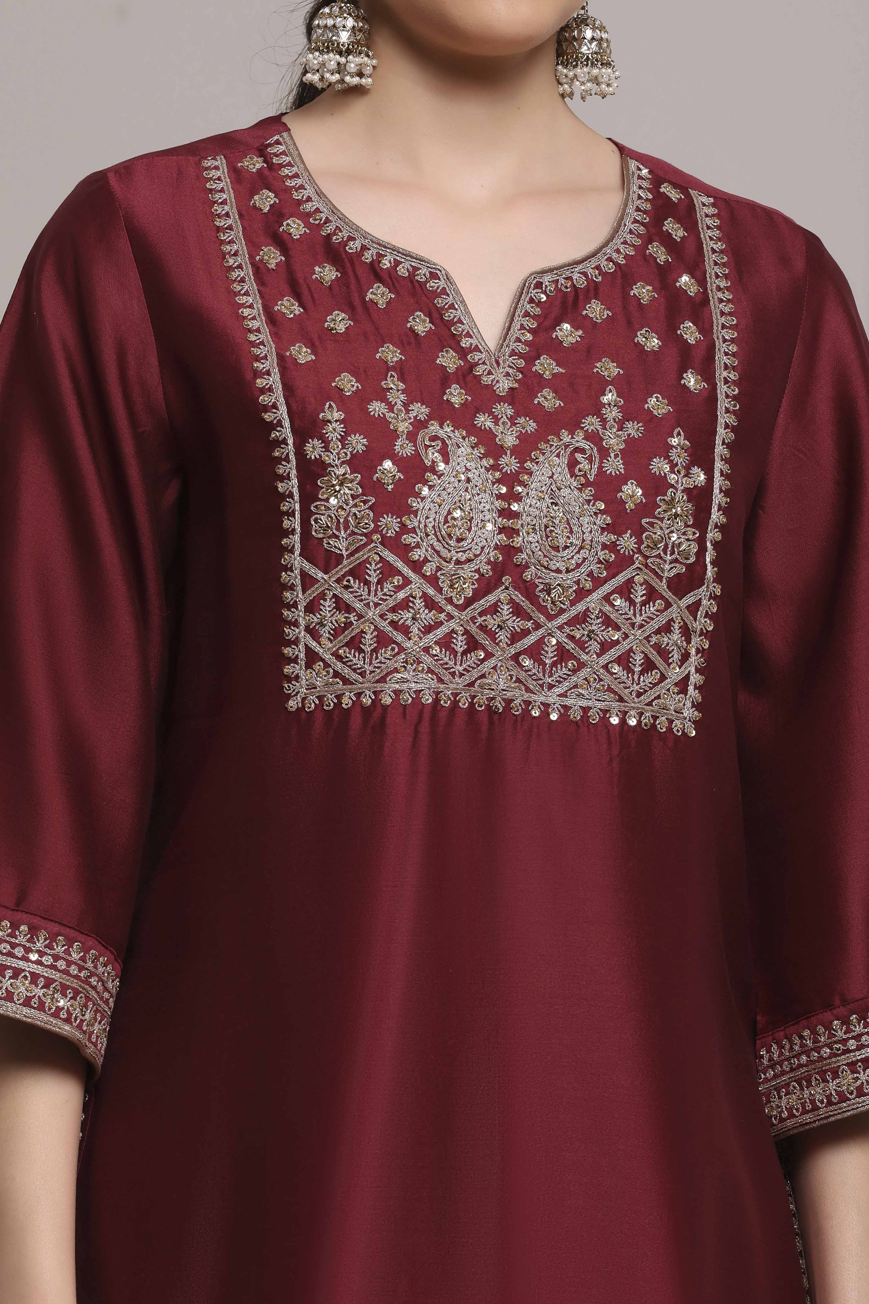 Maroon and Gold-Toned Cotton Silk Blend Sharara Suit Set image number 3