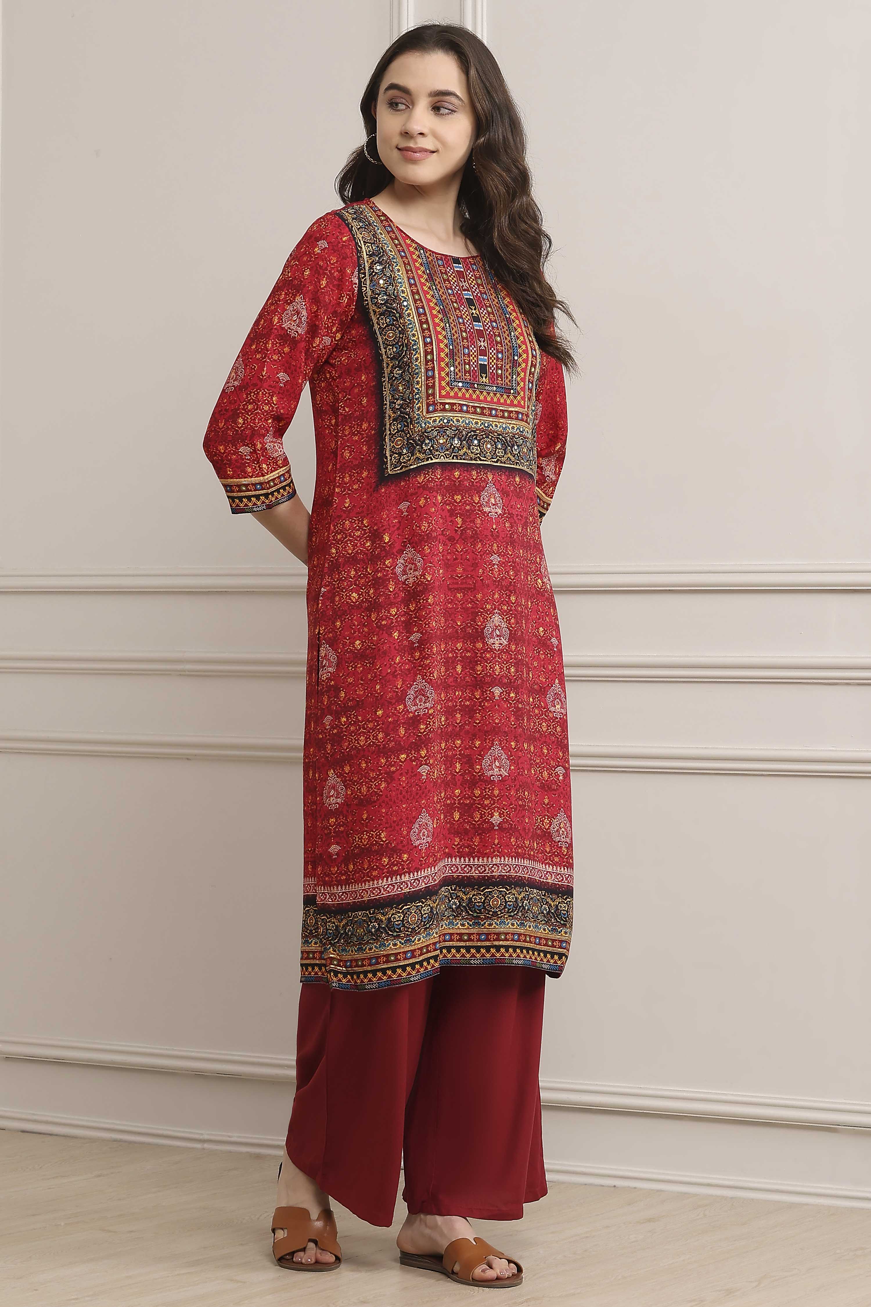 Red LIVA Straight Printed Kurta image number 4