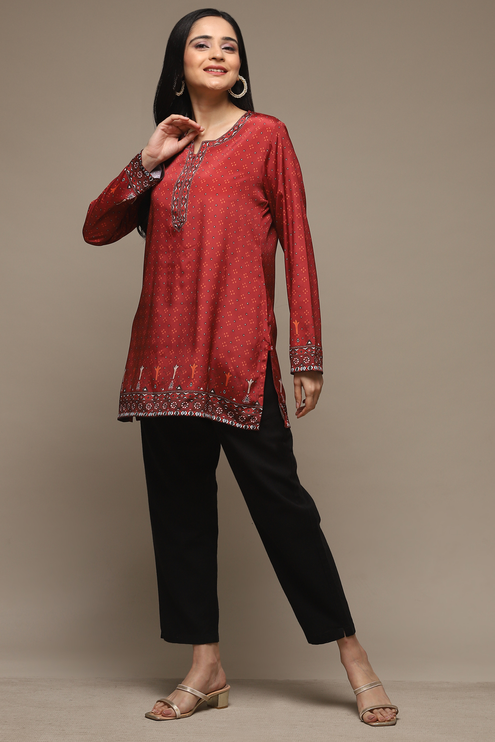 Red Cotton Blend Printed Kurti image number 0
