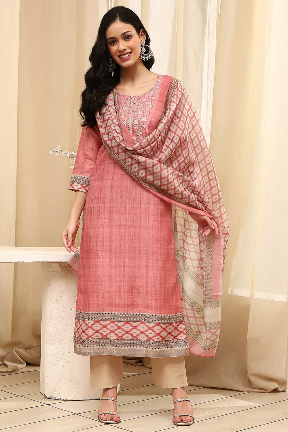 Pink Cotton Machine-Embroidered Unstitched Suit Set image number 1