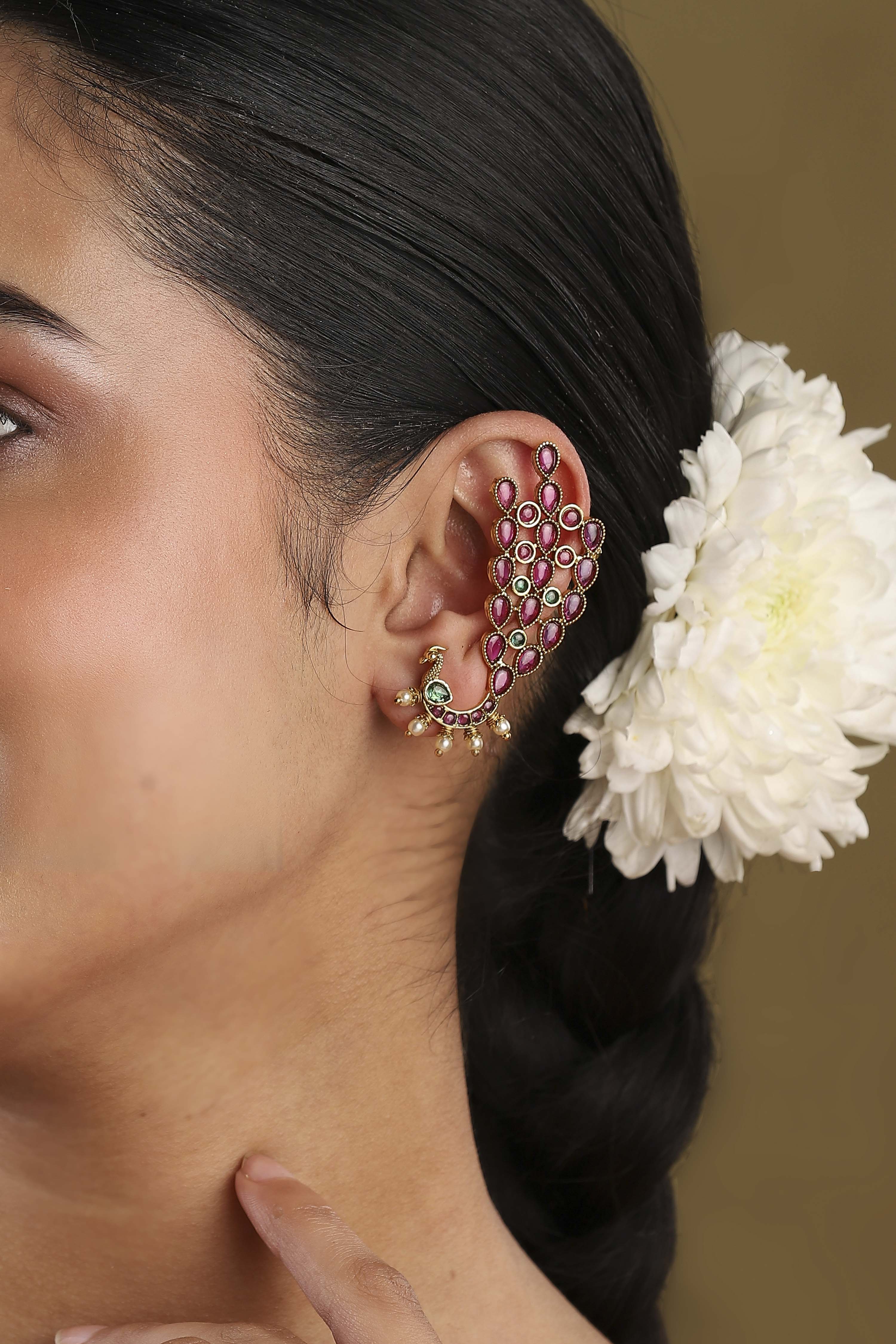 Multicolour Gold Plated Brass Peacock Motif Earcuffs image number 1