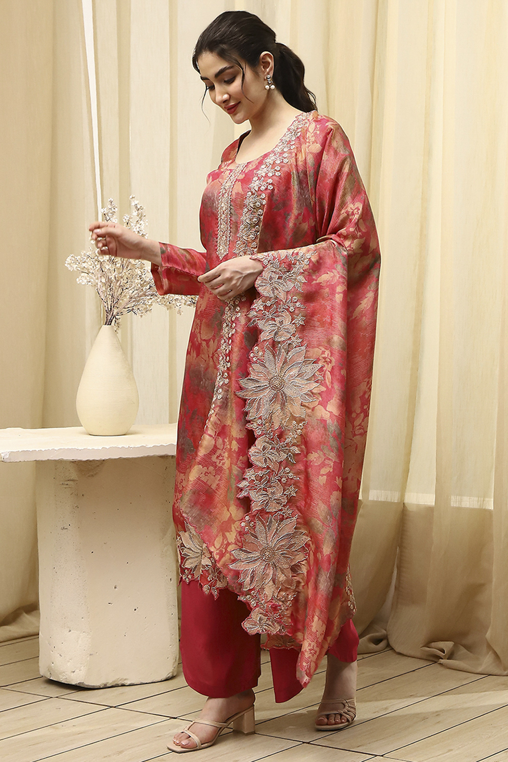 Grey Tissue Printed Embroidered Unstitched Suit Set image number 4