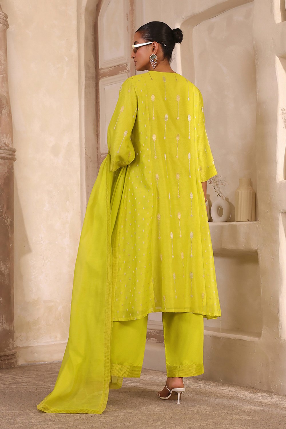Lime Green Silk Gathered Yarndyed Suit Set image number 4