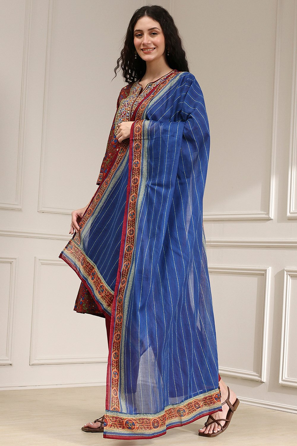 Rust and Blue Cotton Printed A-Line Suit Set image number 3