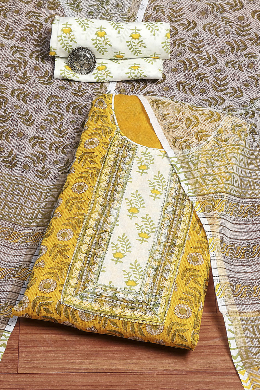Coral Cotton Hand Block Print Unstitched Suit Set image number 0