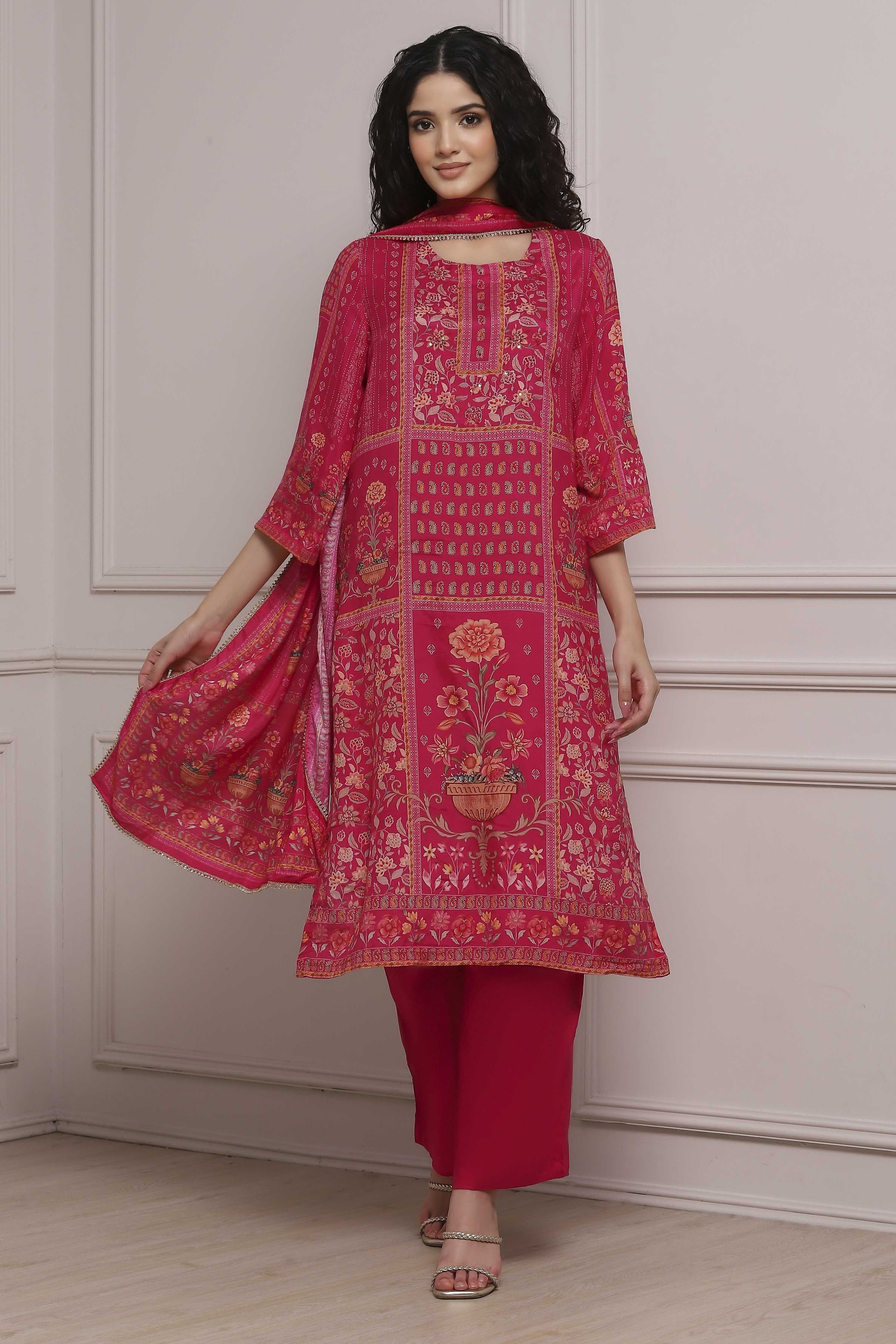 Pink Viscose Rayon Straight Printed Suit Set image number 0