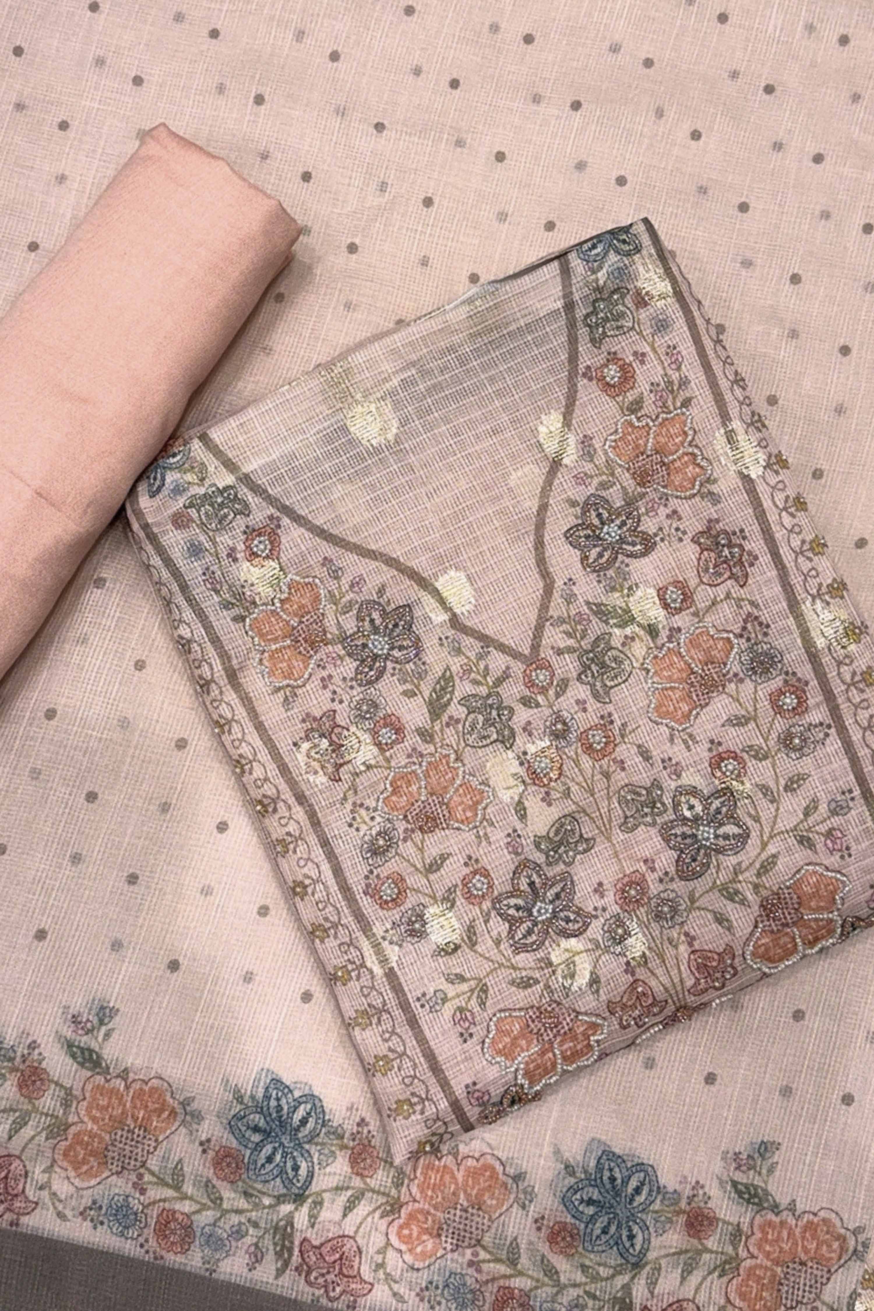 Teal Kota Cotton Neck Embroidered Unstitched Suit Set image number 0