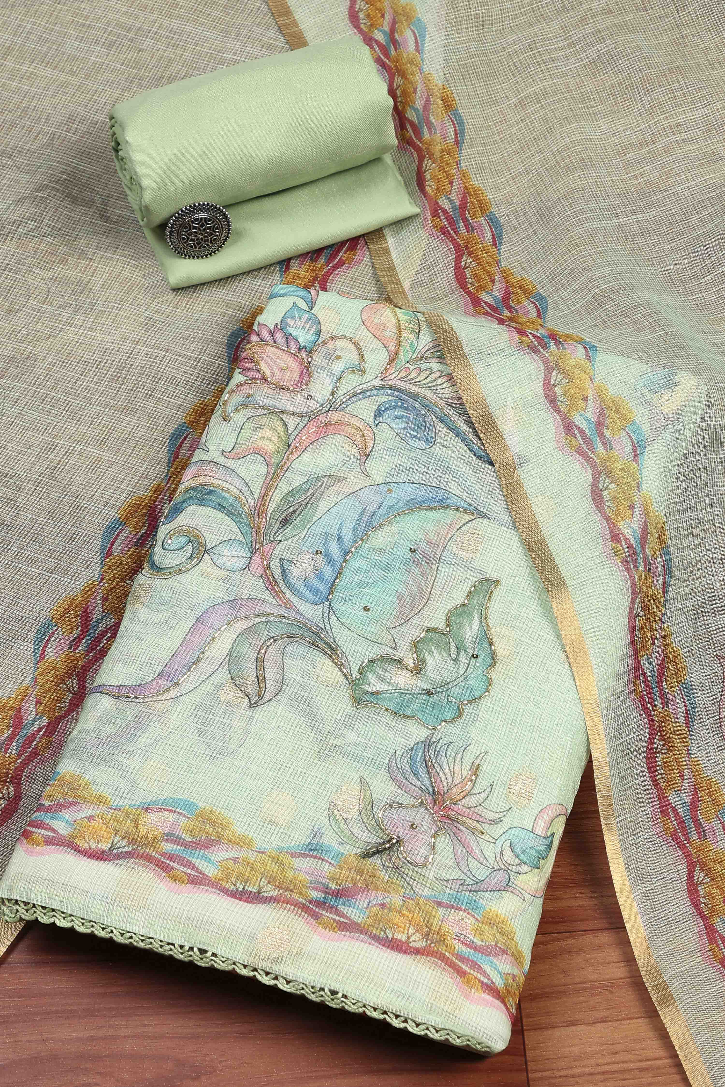 Peach Cotton Printed Unstitched Suit Set image number 0