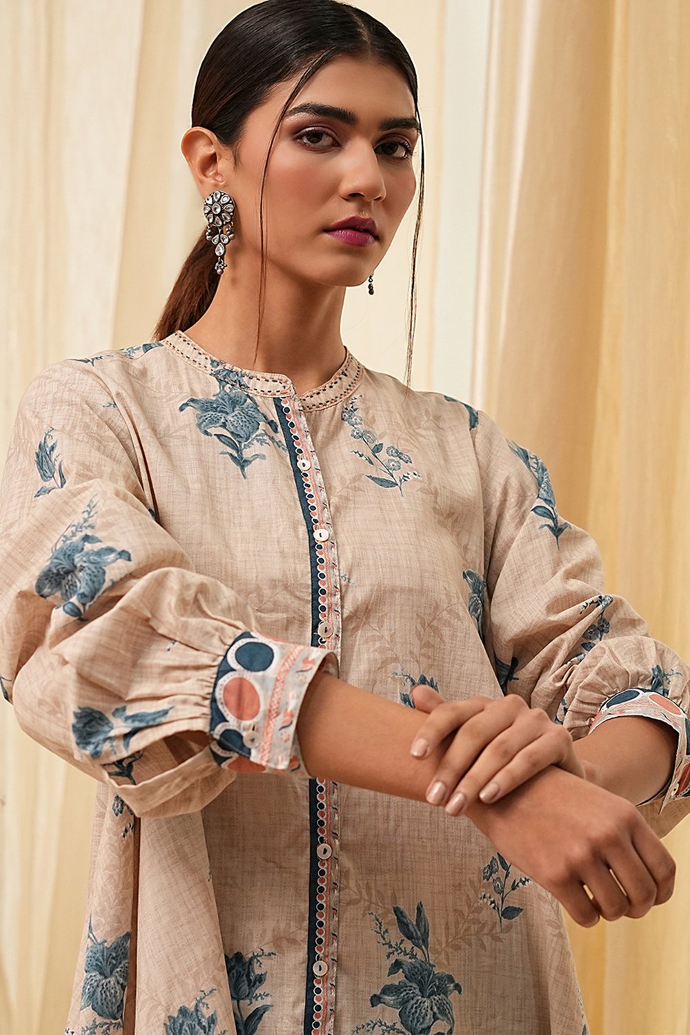 Beige Pure Cotton Shirt-Style A-Line Short Kurta image number 1