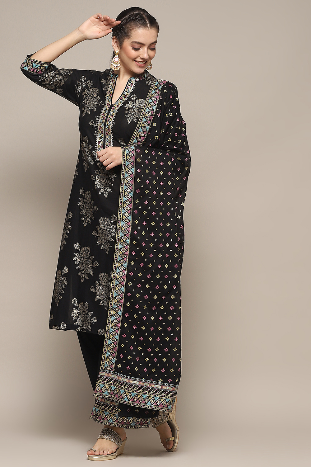 Black Cambric Straight Kurta Palazzo Suit Set image number 0