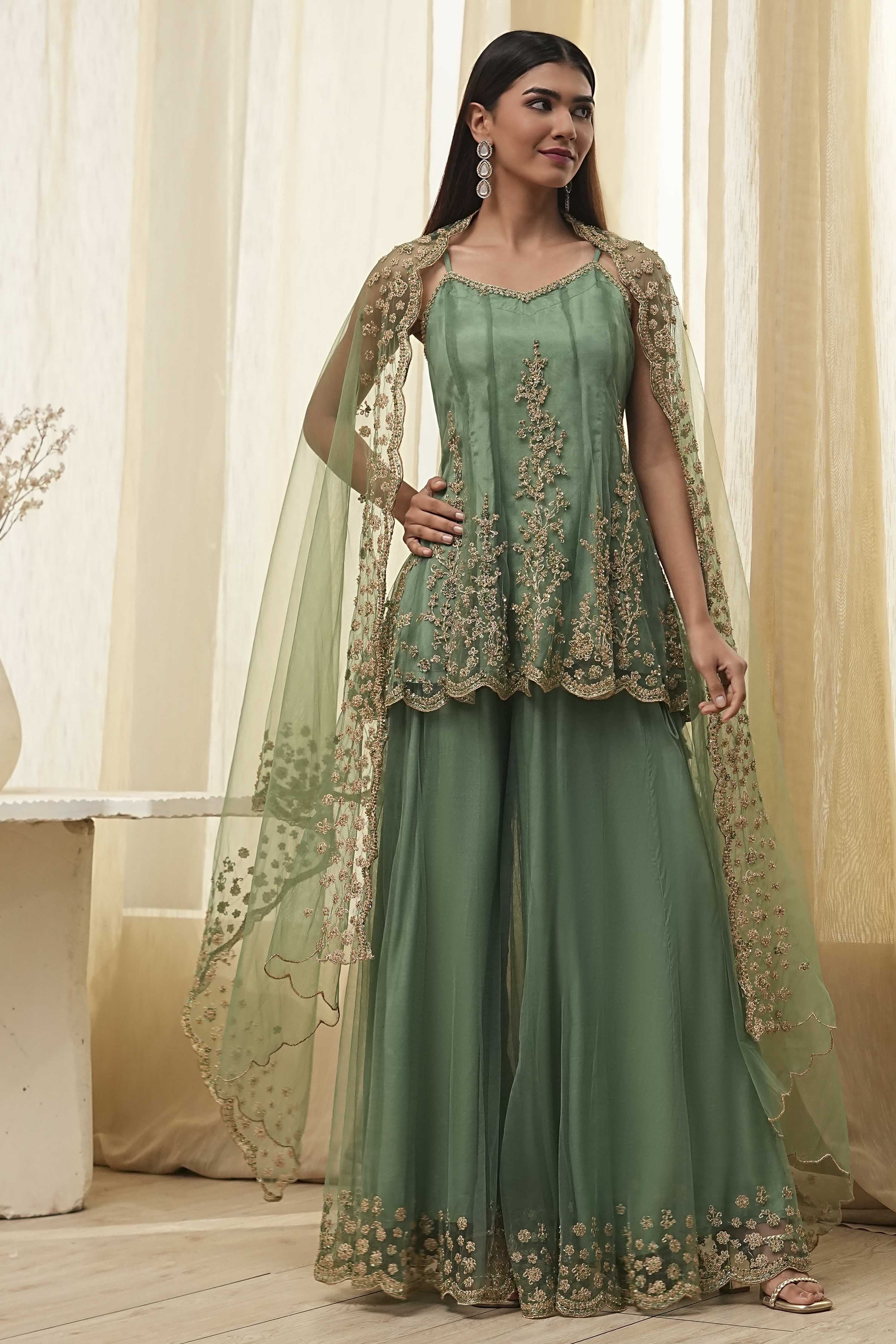 Green Net Embroidered Kalidar Suit Set image number 6